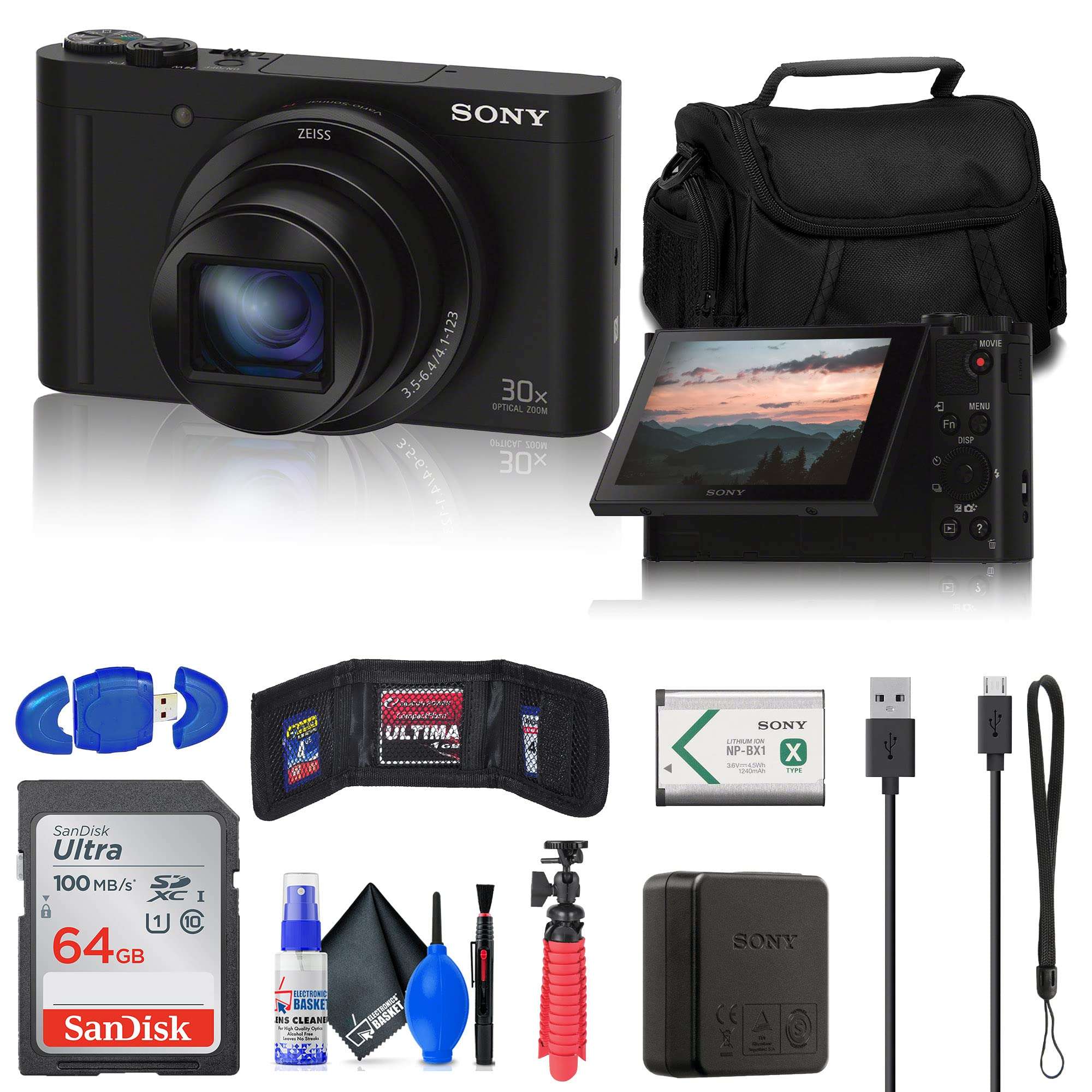 Sony Cyber-Shot DSC-WX500 Digital Camera (Black) (DSCWX500/B) + 64GB Memory Card + Case + Card Reader + Flex Tripod + Memory Wallet + Cleaning Kit 1