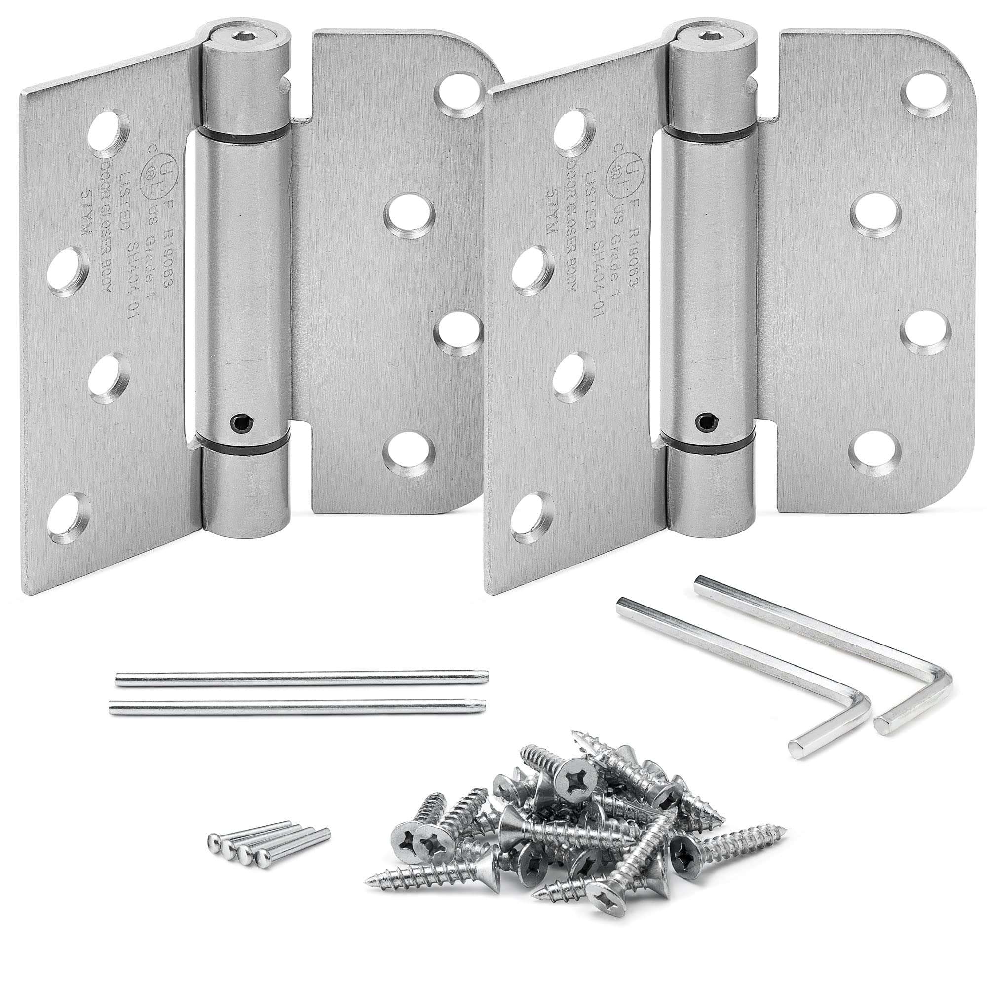 KS Hardware Self Closing Spring Hinge | Automatic Door Hinges with Complete Installation Hardware | 4" X 4" with 1 Square & 5/8" Radius Corners | 2 Pack (Satin Nickel) 1