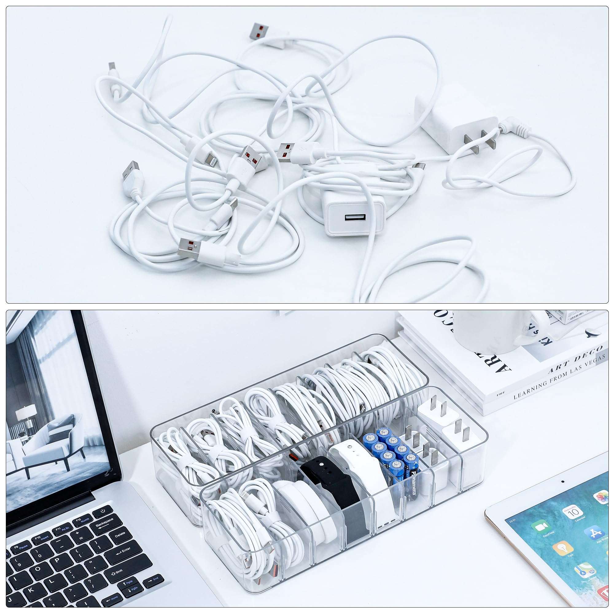 GOXITAX 2 Pack Cable Cord Storage Box, Plastic Desk Drawer Organizer Case for Home Office Supplies, Art Crafts, Electronic Accessories, Phone Charger and Wires 4