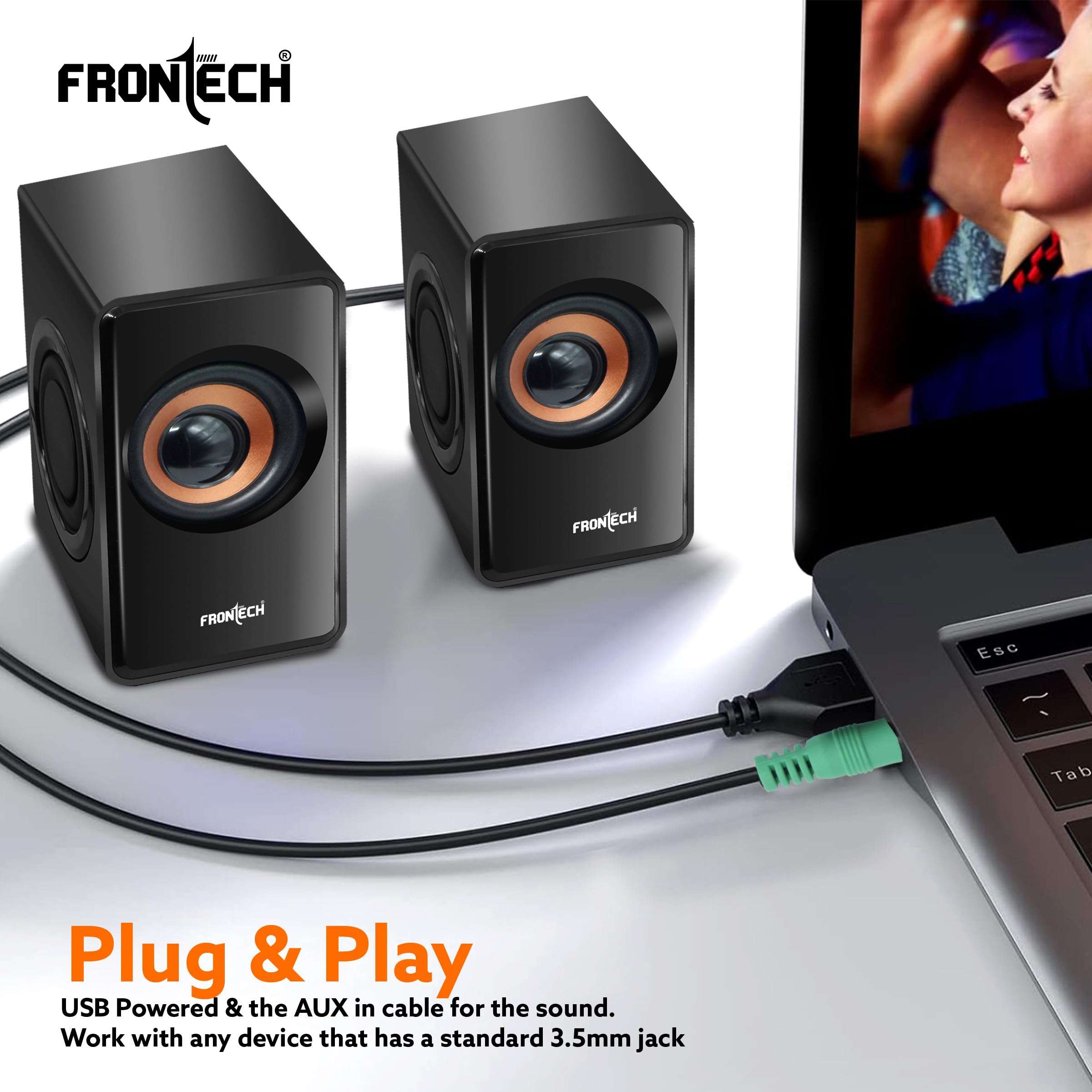 FRONTECH 2.0 USB Powered Multimedia Speakers | 2 x 2.5W Drivers (5 cm) | 3.5mm Jack Connectivity | for Laptop, PC, TV, Mobile | 1 Year Warranty (SPK-0001, Black) 6