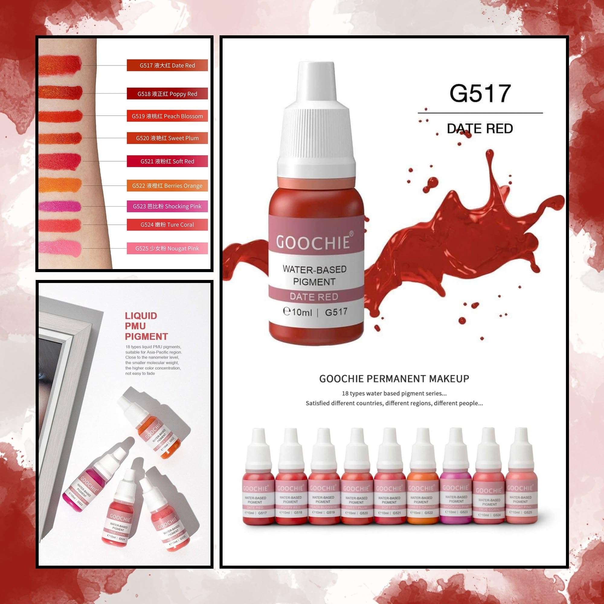 Goochie Superior Semi Organic Liquid Water Based Micro Pigment EU Standard Machine Permanent Makeup Pigment 10ml Lip Pigment Date Red - G517 4