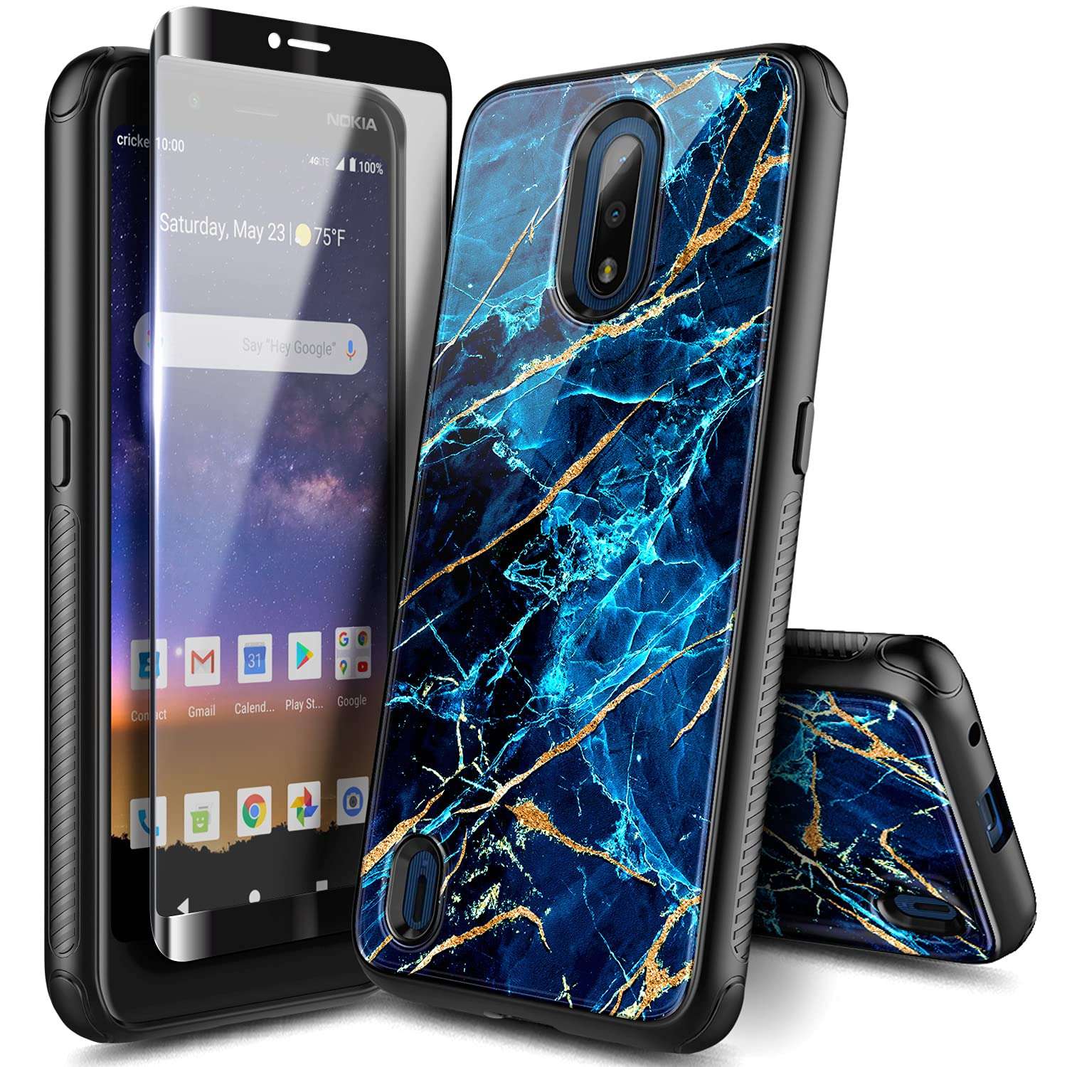 NZND Case for Nokia C2 Tava/Nokia C2 Tennen (Cricket Wireless) with Tempered Glass Screen Protector (Maximum Coverage), Hybrid Defender Protective Shockproof Durable Case -Marble Design Sapphire 1