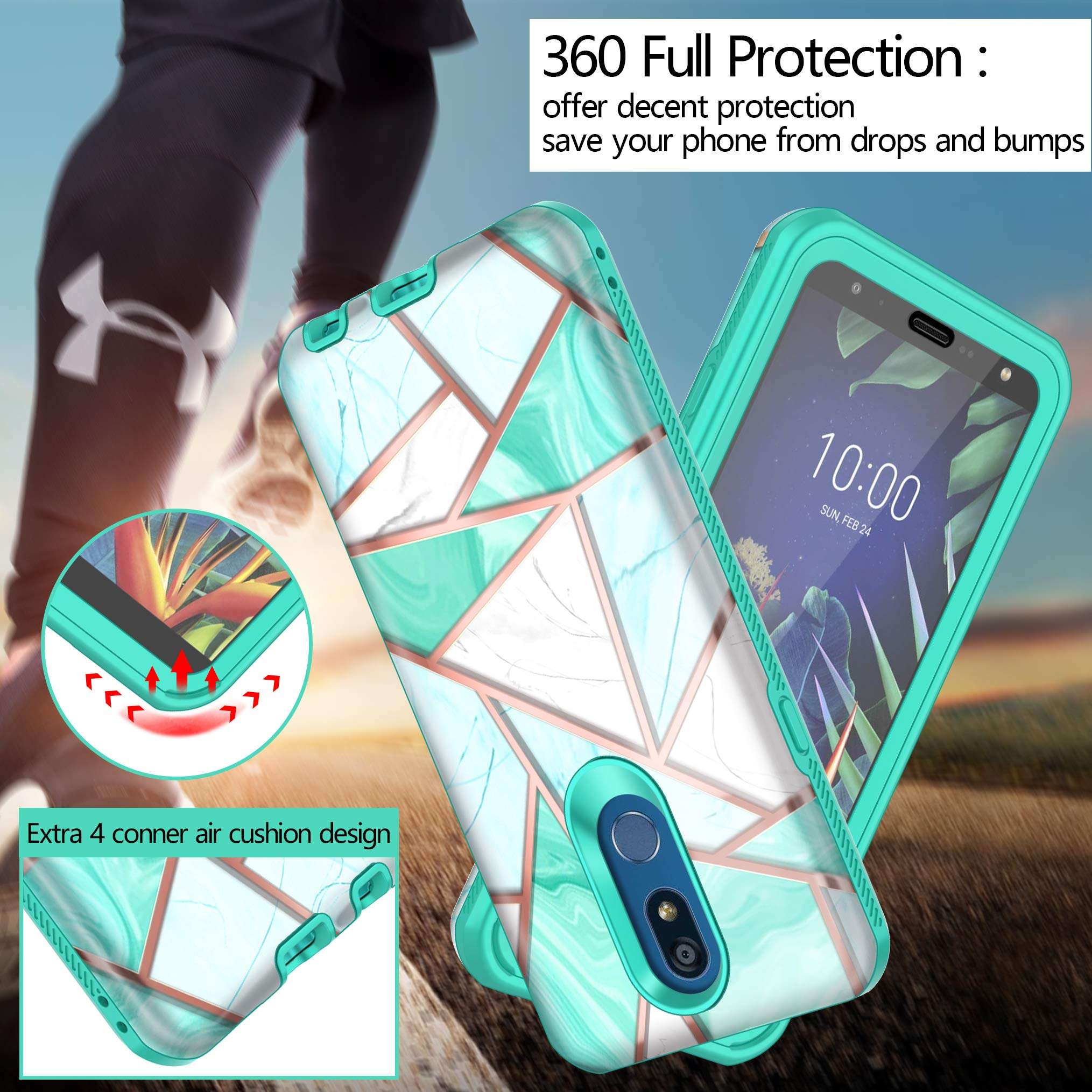 Hekodonk for LG K40/ LG K12 Plus/LG X4 (2019)/LMX4 Case Built in Screen Protector Heavy Duty High Impact PC TPU Full Body Protective Shockproof Anti-Scratch Cover for LG K40 -Marble Mint 2