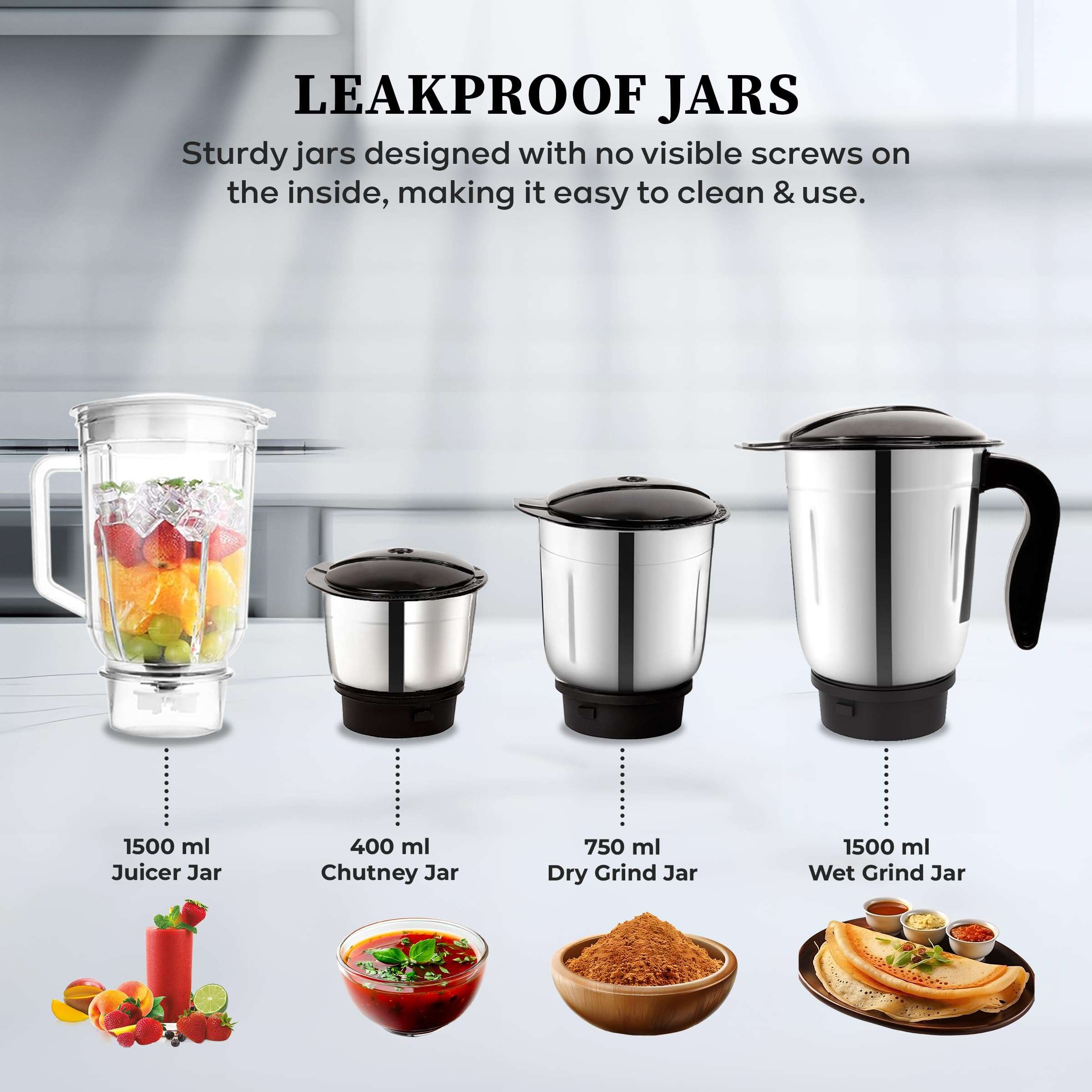 Cadlec JarGenie 4 Jar 750 Watt Mixer Grinder | High-Power Juicer, Blender & Mixer | Durable ABS Body | Multi-Function for Juicing & Blending | 2-Year Warranty 6