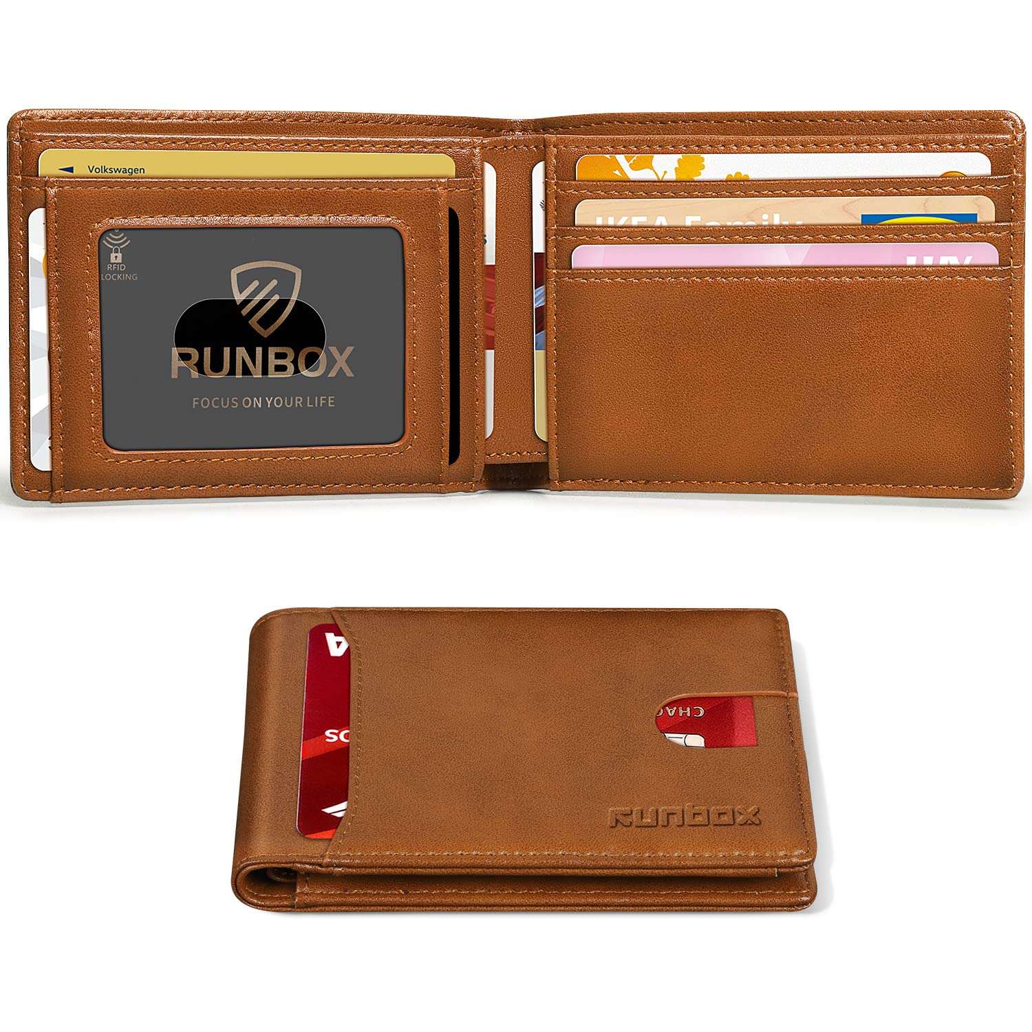 RUNBOX Novelty Wallet for Men Slim 11 Credit Card Holder Slots Leather RFID Blocking Small Thin Men's Wallet Bifold Minimalist Front Pocket Large Capacity Gift Box 1