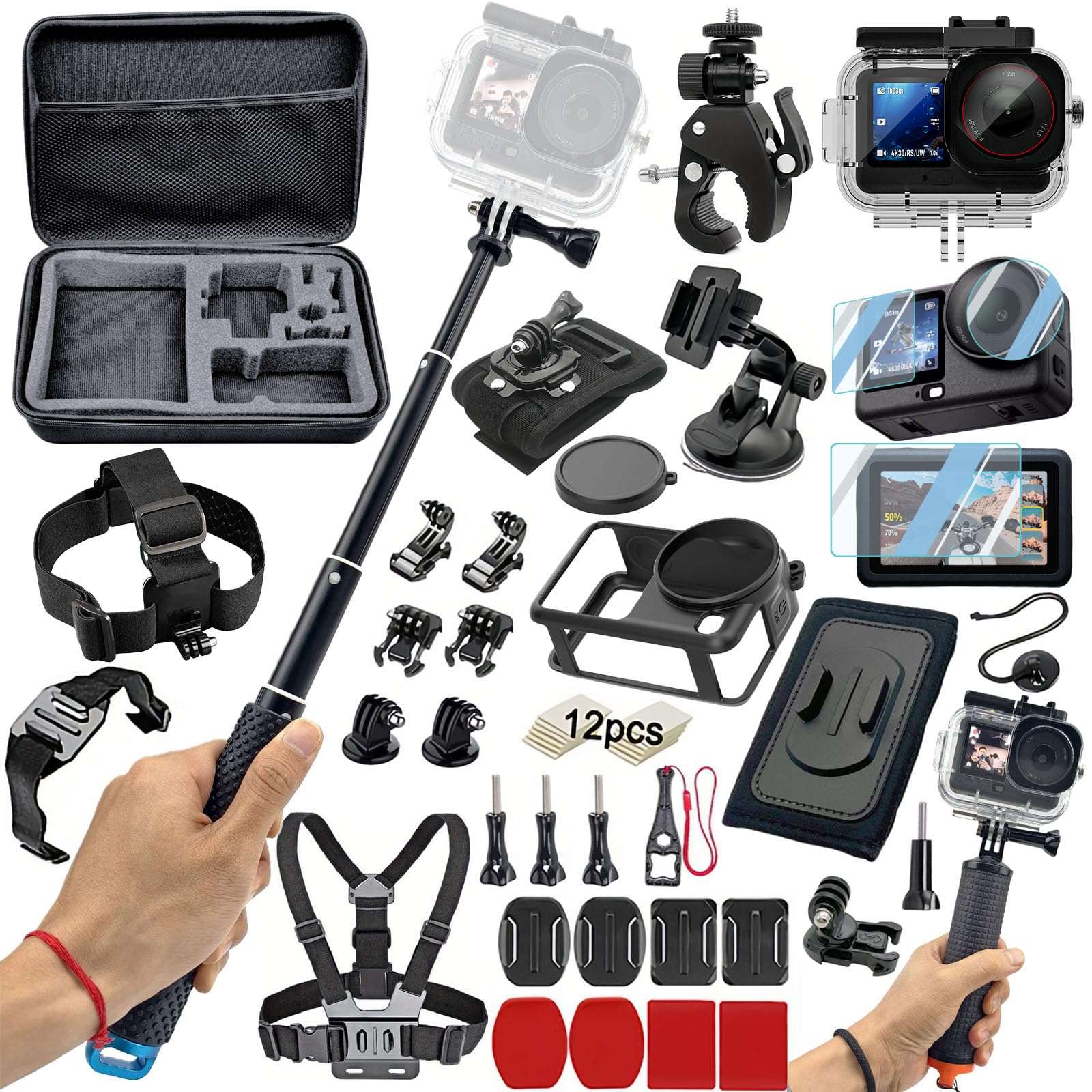 Accessories Kit for DJI OSMO Action 6, Large Carrying Case, Waterproof Housing Case, Handlebar Clamp, Screen Protector, Selfie Stick, Chest Head Strap, Backpack Belt, Floaty Bobber, Suction Cup