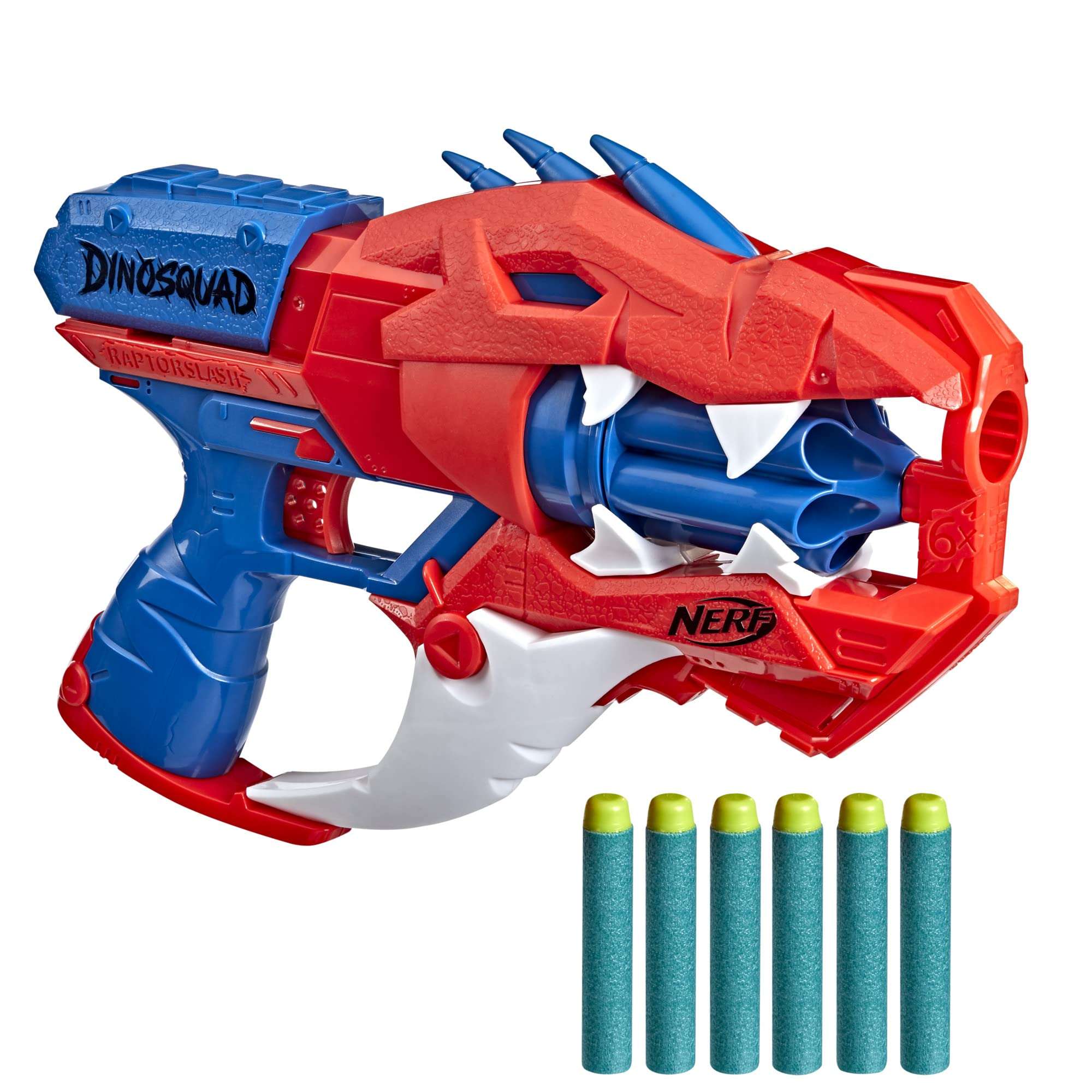 Nerf DinoSquad Raptor-Slash Dart Blaster, 6-Dart Rotating Drum, Slam Fire Action, 6 Official Elite Darts, Velociraptor Dinosaur Design 1
