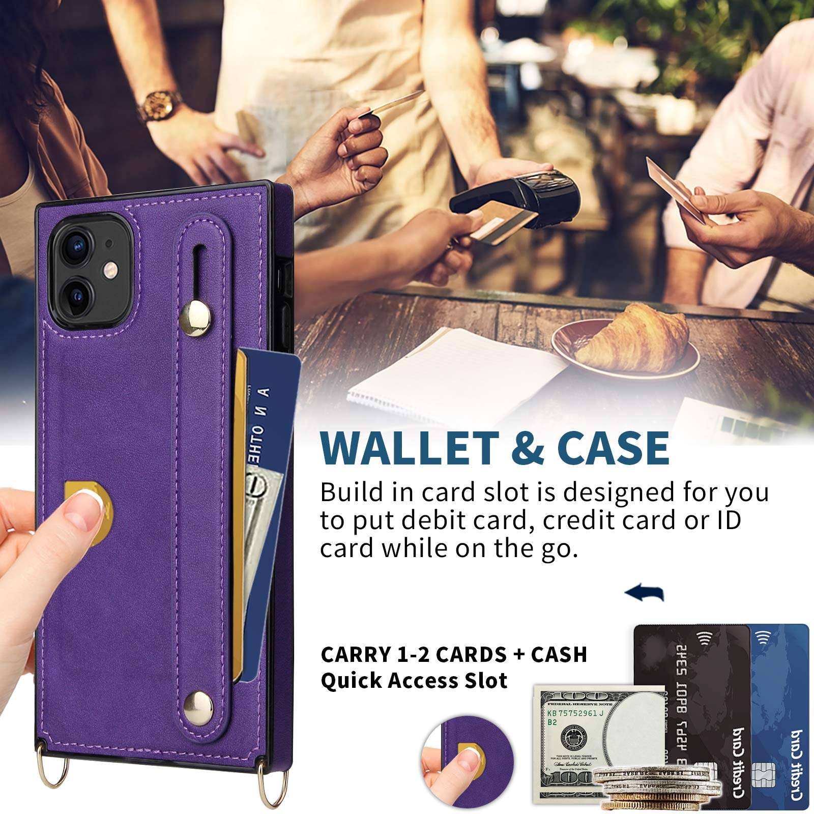 CASEOWL Wallet Crossbody Case for Women with Hand Strap, Card Holder, Kickstand, Adjustable Removable Shoulder Strap, Leather Protective Case Compatible, Purple 5