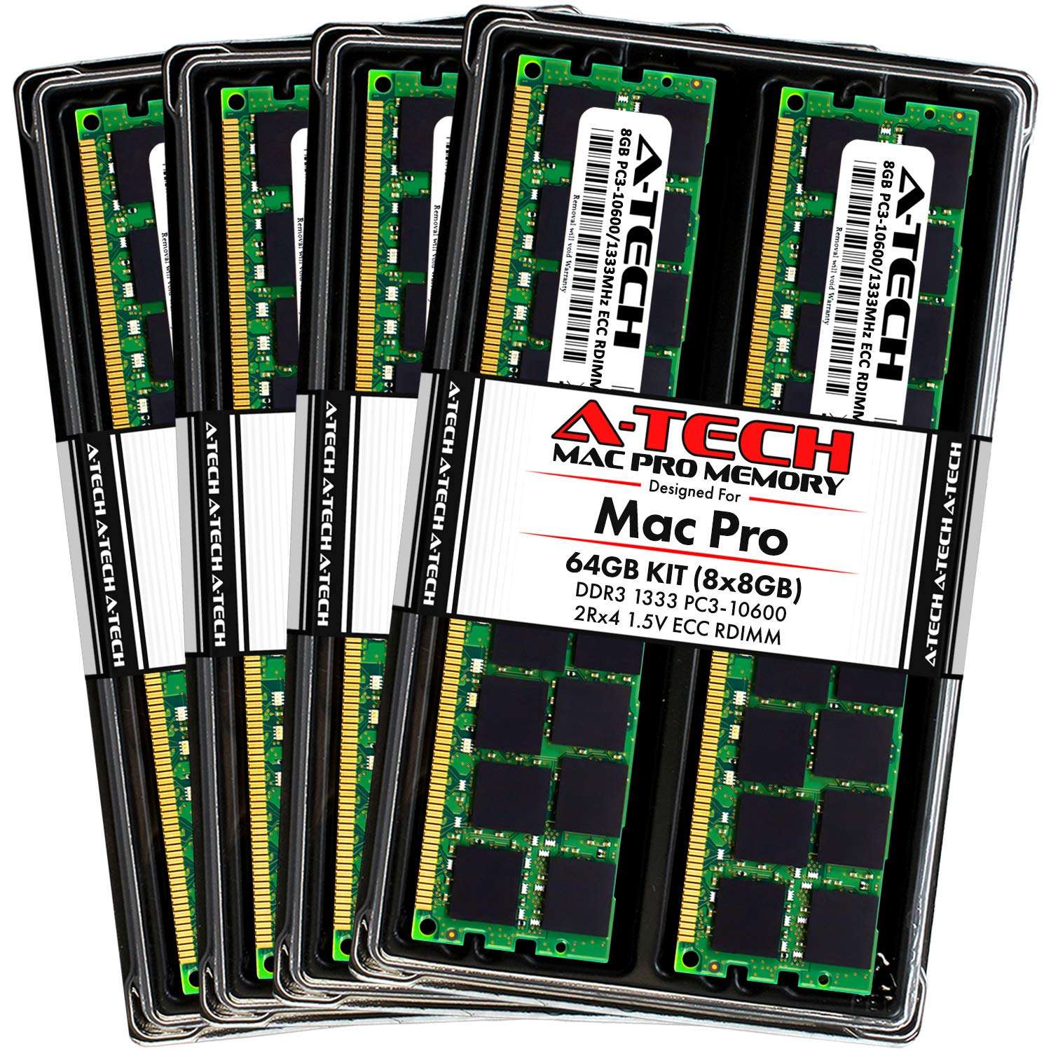 A-Tech 64GB Kit (8x8GB) ECC RDIMM Memory for Mac Pro Mid 2010 & Mid 2012 (MacPro5,1) | DDR3 1333MHz Registered DIMM PC3-10600 Dual Rank 2Rx4 1.5V 240 Pin RAM Upgrade 1