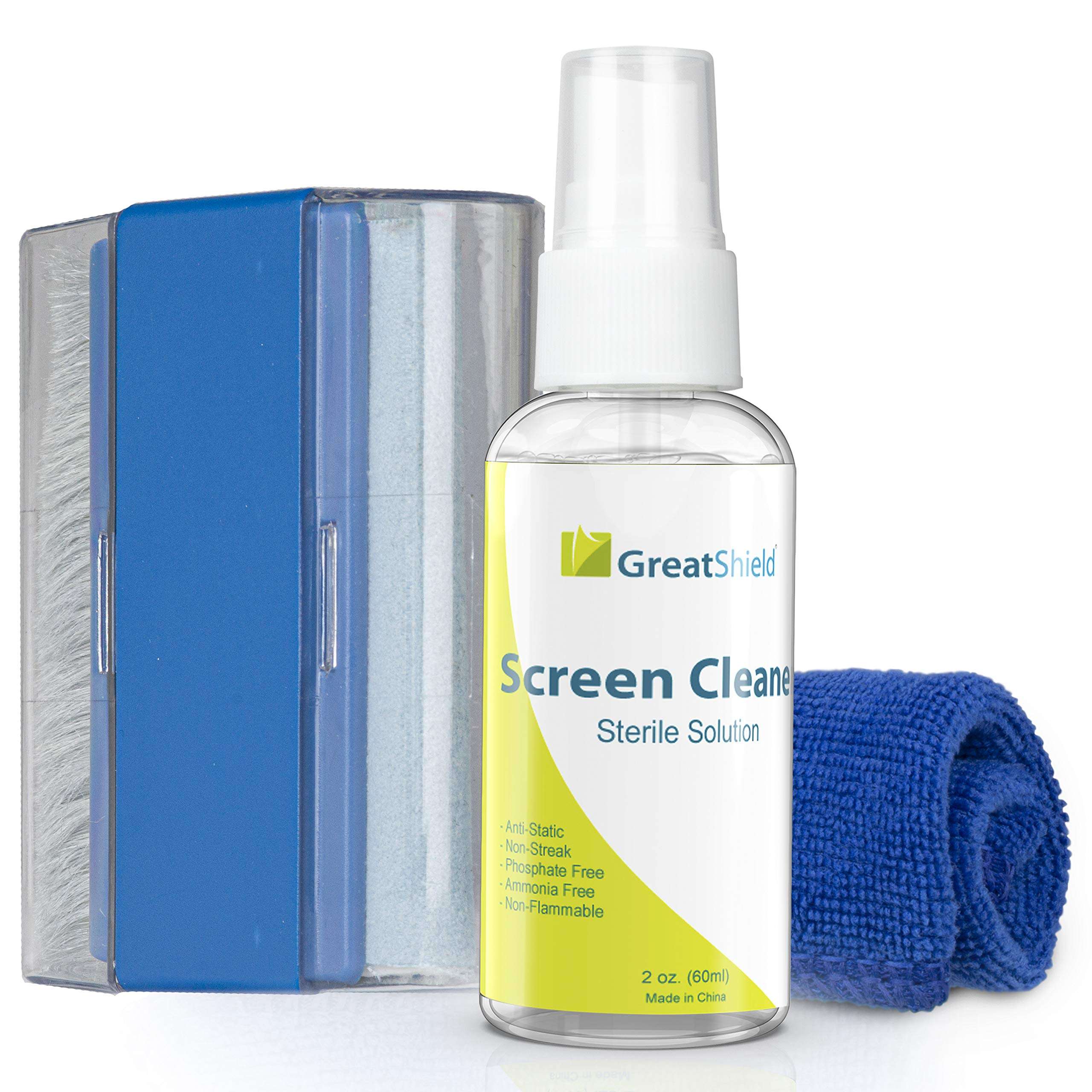 GreatShield Universal Screen Cleaning Kit, Microfiber Cloth + 2 Sided Brush + Non-Streak Solution Spray [for TV, Laptops, PC Monitors, Smartphones, Tablets, Camera, Keyboard and Other Electronics] 1