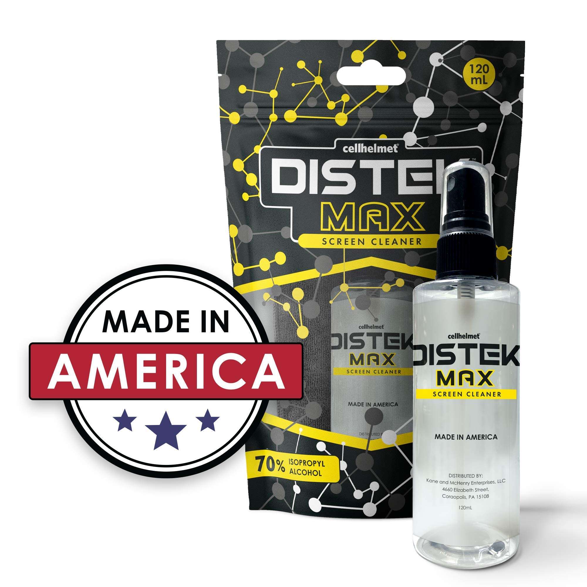 cellhelmet DISTEK Max Screen and Phone Cleaner Disinfectant with 70 Percent Isopropyl Alcohol 70% Universal for All Glass Displays, LCD - 120mL / 4oz with Microfiber Cloth - Made in USA 3