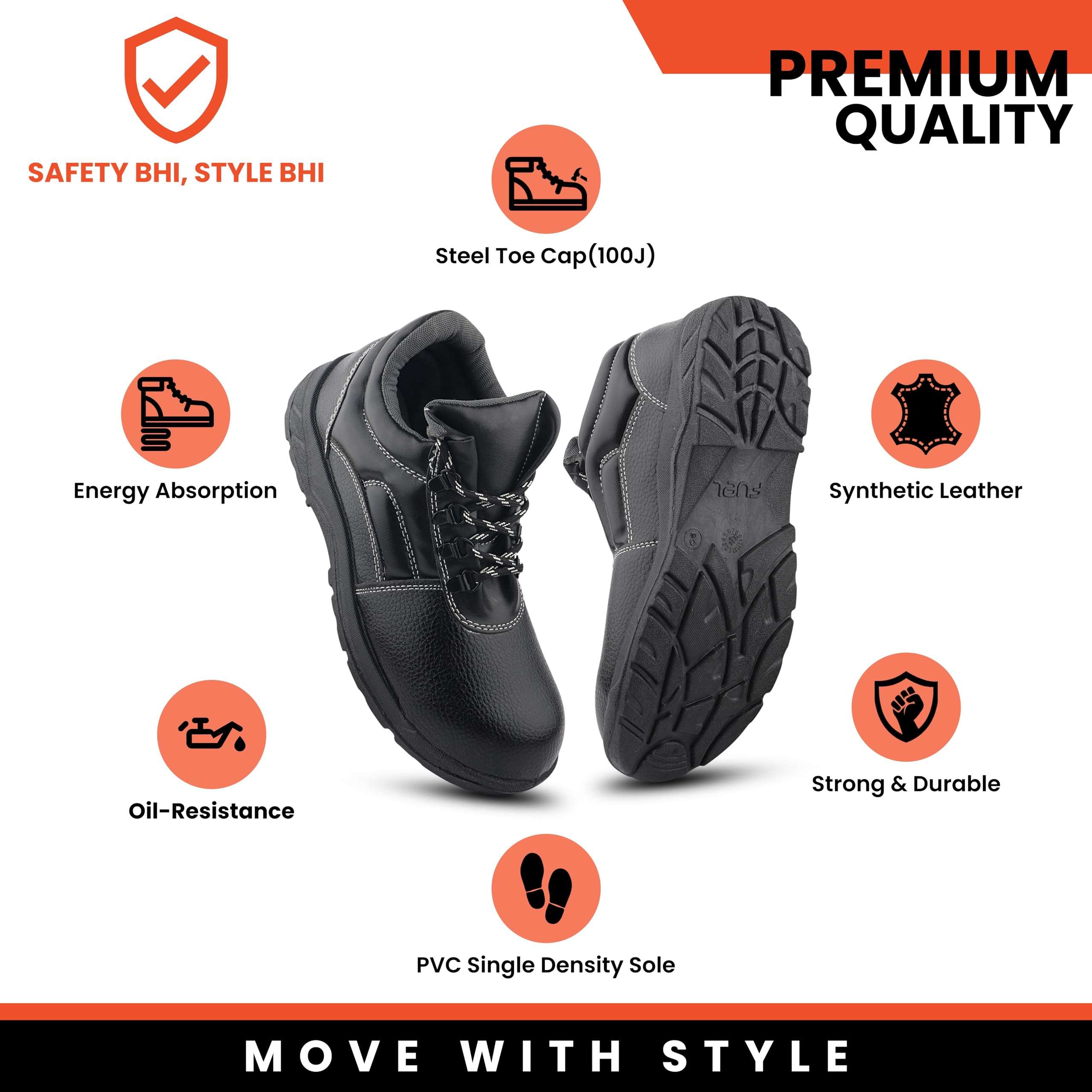 FUEL Arsenal-HC Comfortable Industrial Safety Shoes with Synthetic Leather Upper & Rubberized PVC Single Density Sole with 100J Energy Absorption Shoes for Mens (Black,8) 6