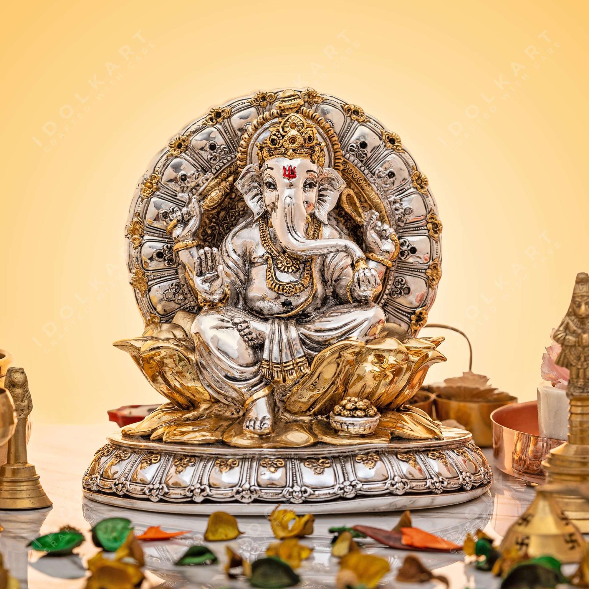 Idolkart 24K Pure Gold & 999 Pure Silver Coated Antique Lord Ganesha Idol (22 x 17 x 21.5 cms | Height: 8") Gold & Silver (Standard) 6