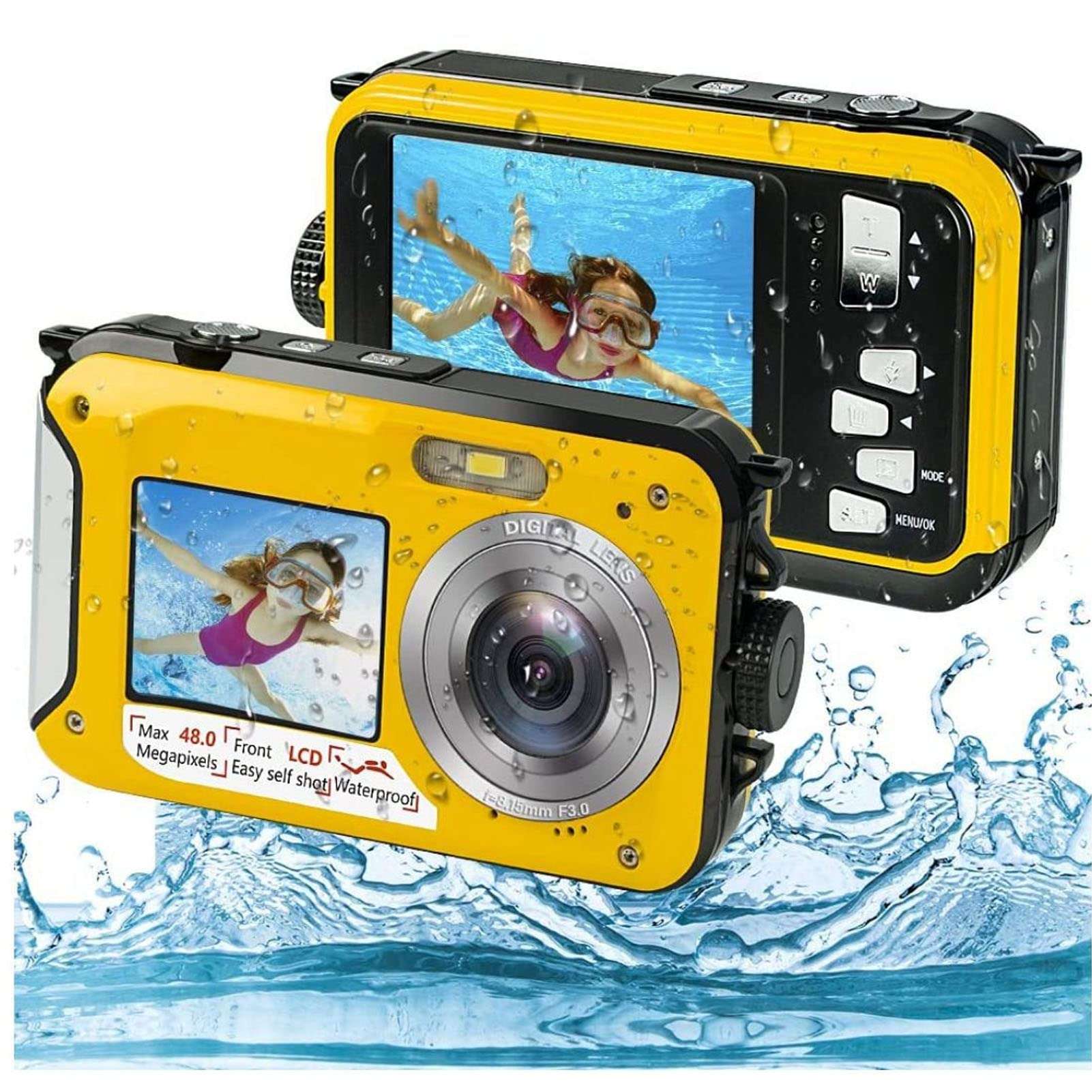 Boxwizard Full HD 2.7K 48MP 10ft Waterproof Underwater Digital Camera 16X Digital Zoom Front Rear Double Screens Waterproof Digital Camera (Yellow), Boxwizardzakner1730-11 6