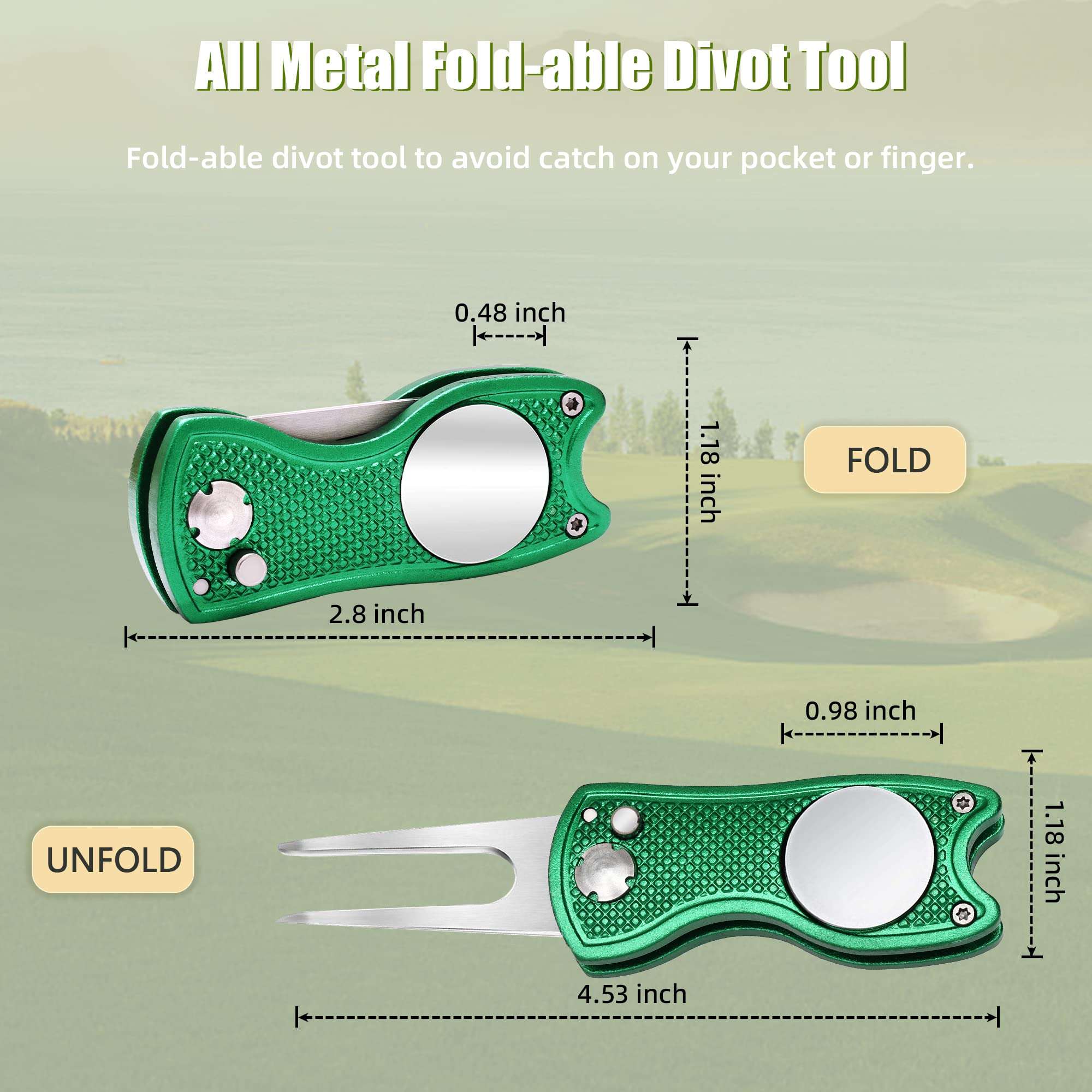 Mile High Life 2 Pieces Golf Divot Repair Tool w Magnetic Golf Ball Marker | All Metal Foldable Divot Tool w Pop-up Button | Golf Club Holder | Golf Accessories for Men (Green,Grey) 5