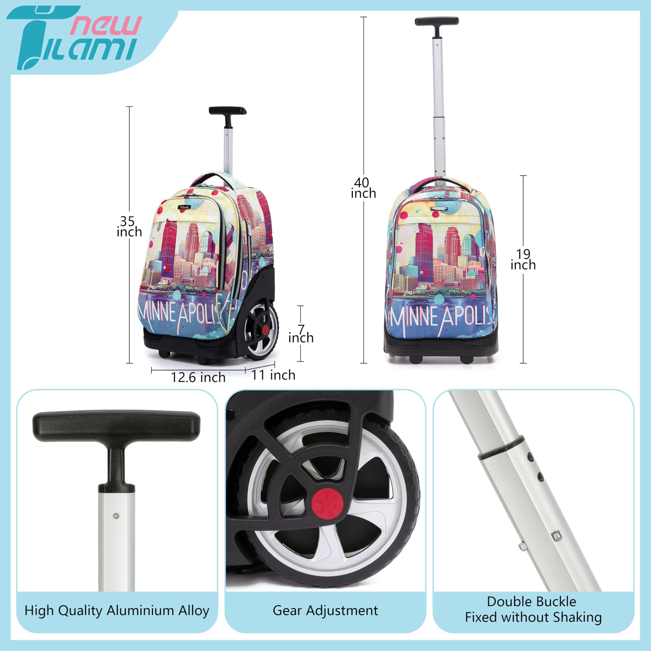 NEW TILAMI Rolling Backpack 19 inch Teens Rolling Backpack Cute Wheeled Computer Laptop Backpack Bookbag Roller Travel Bag College, City (No USB interface) 3