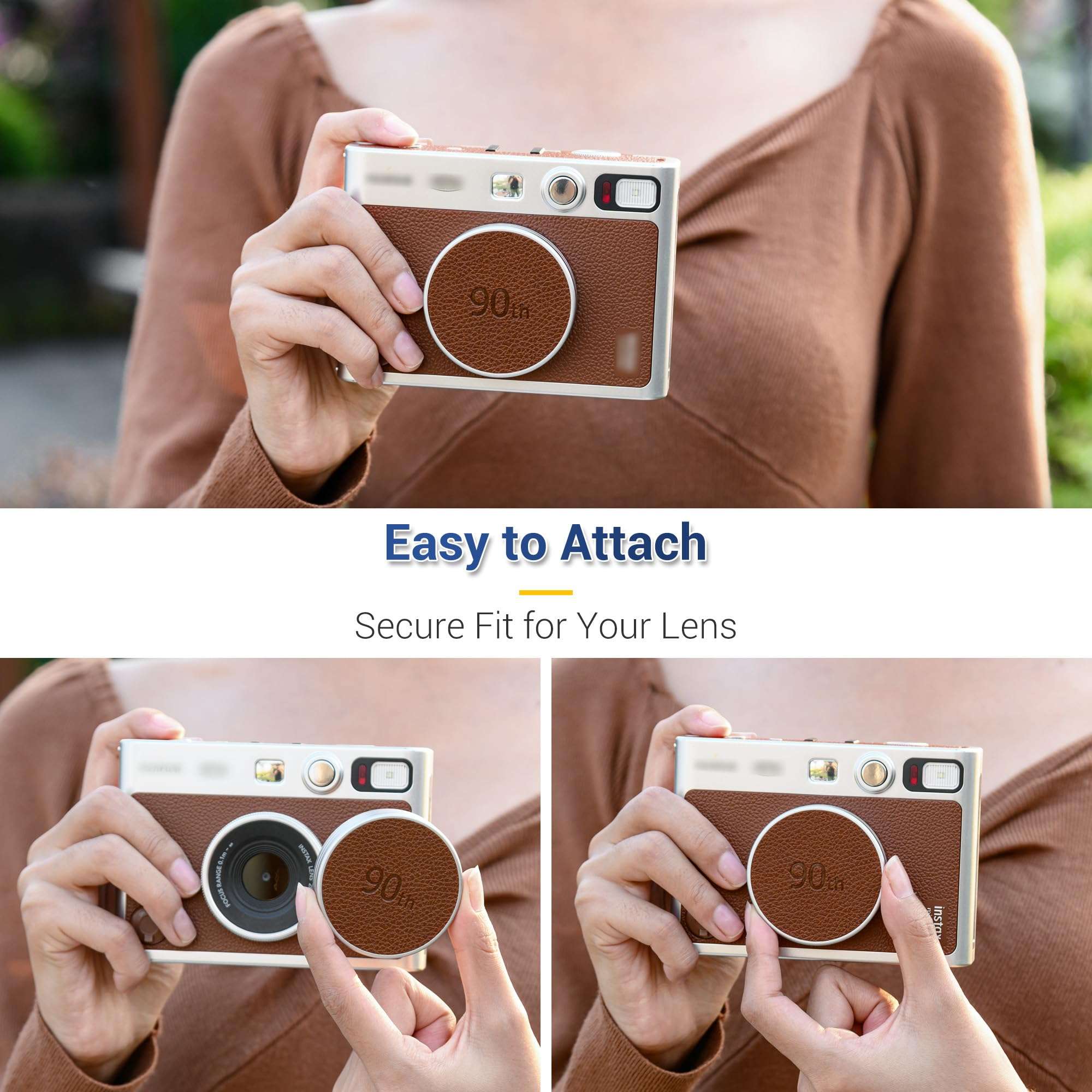 Retro Leather Lens Cap for Fujifilm Instax Mini EVO, Brown Aluminum Anti-Dust Anti-Scratches Lightweight Camera Lens Cover with Soft EVA Interior, Accessories for Fuji Mini Evo Lens Protection Cover 5