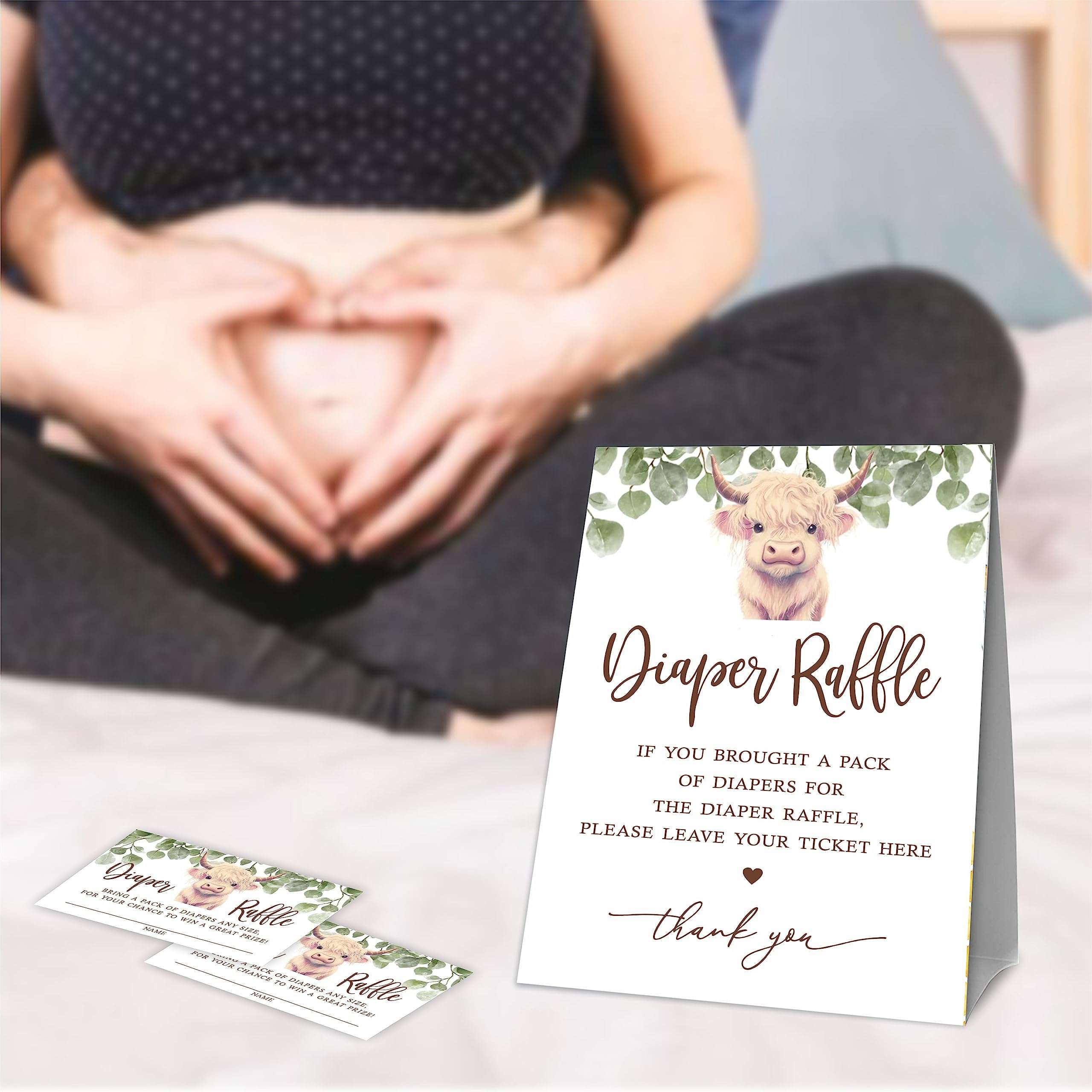 Baby Shower Diaper Raffle Game Set, Adorable Cow & Greenery, 1 Standing Sign & 50 Diaper Raffle Tickets, Gender Reveal Party Game Kit, Baby Announcement Activity Decorations And Supplies - B14 5