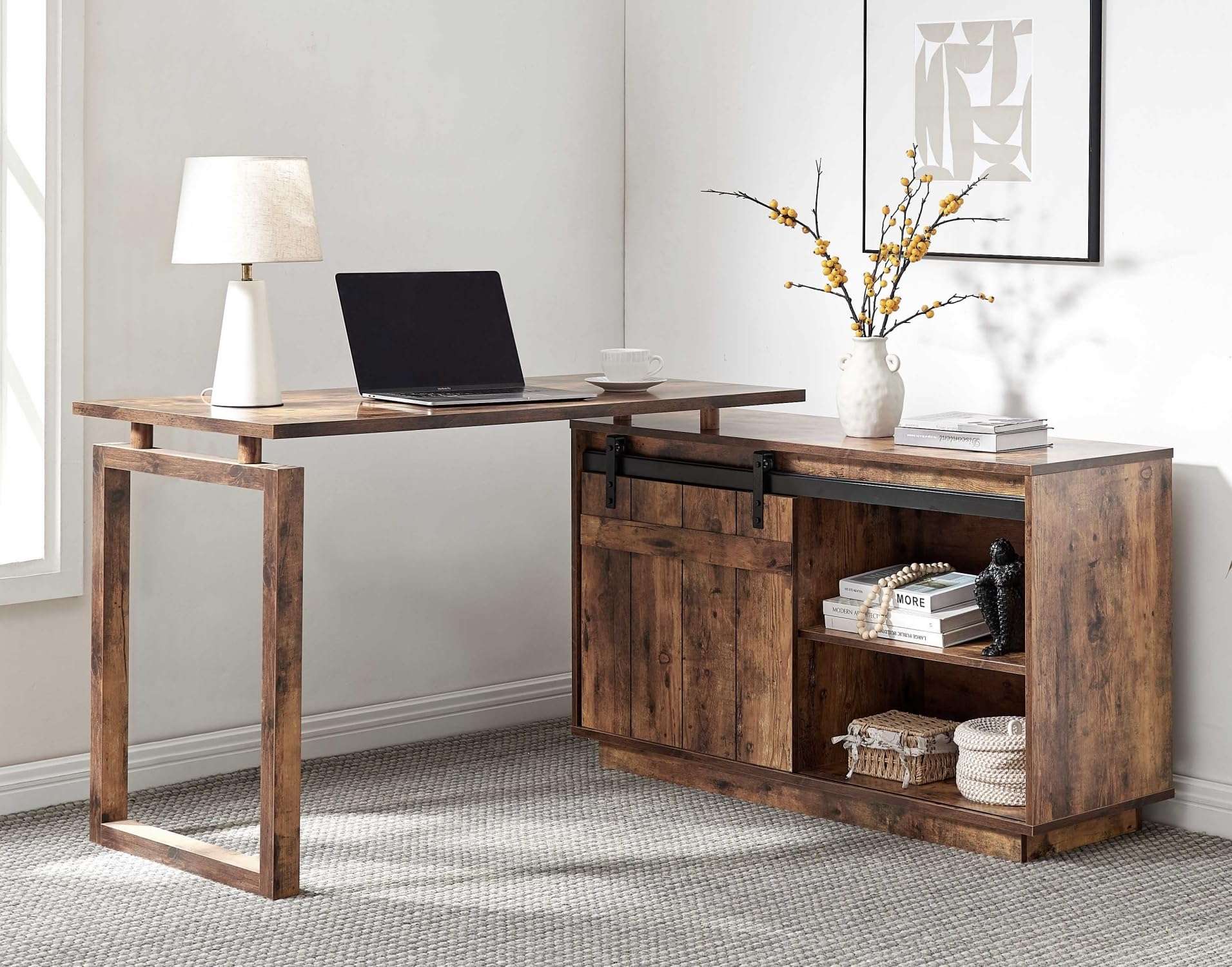 Aidek Desk L-Shaped Workstation Home Office Attached Storage credenza Sliding barn Door Finished on The Back Reversible Distressed Wood 1