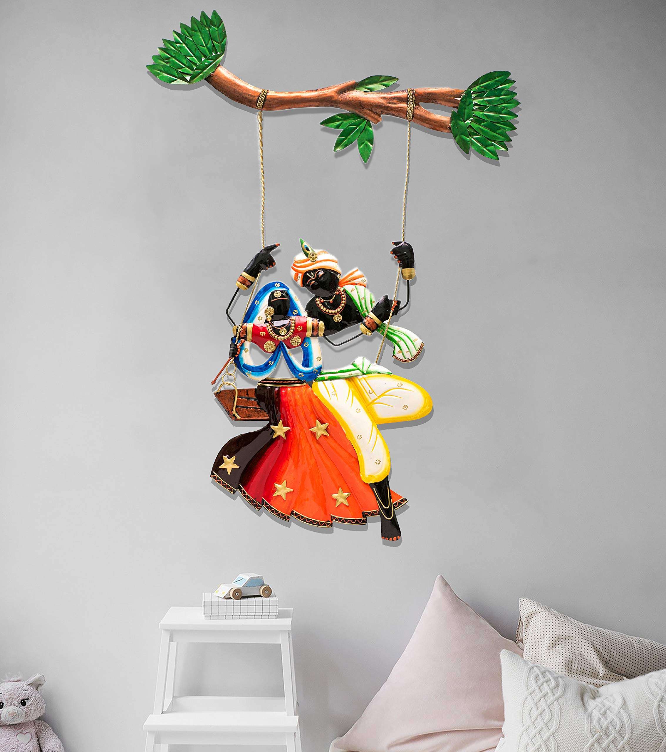 Karigaari India Wrought Iron Multicolor Radha Krishna Swing on Tree Wall Hanging Showpiece for Home Decor. 1