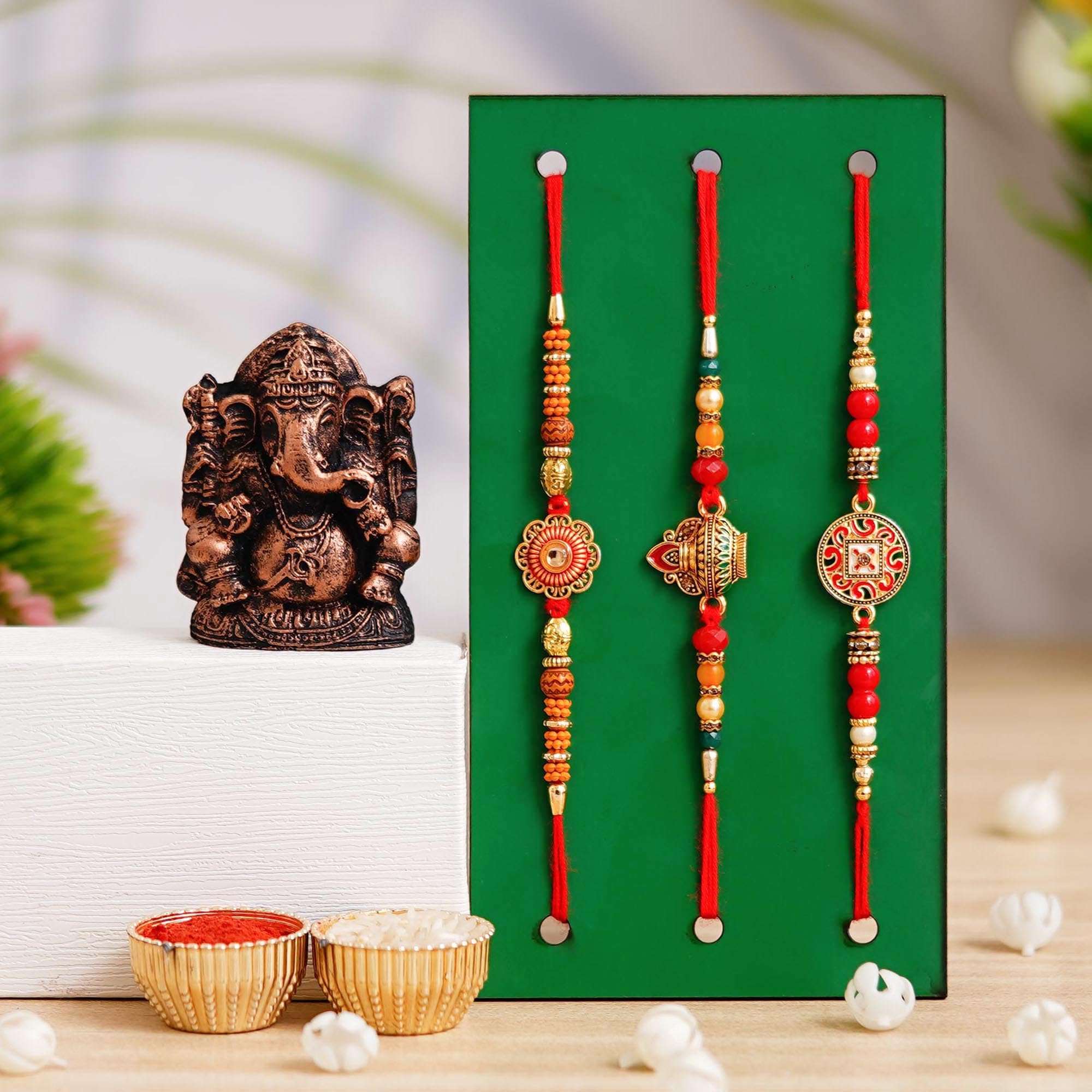 Webelkart 3 Rakhi For Brother With Ganesha Idol Car Dashbord Rakhi For Bhaiya,kids and Bhabhi with Beautiful Rakshabandhan Greetings Card|Bhabhi Lumba Rakhi| Krishna Rakhi/Rakhi Gifts/Rakhi for mens 1