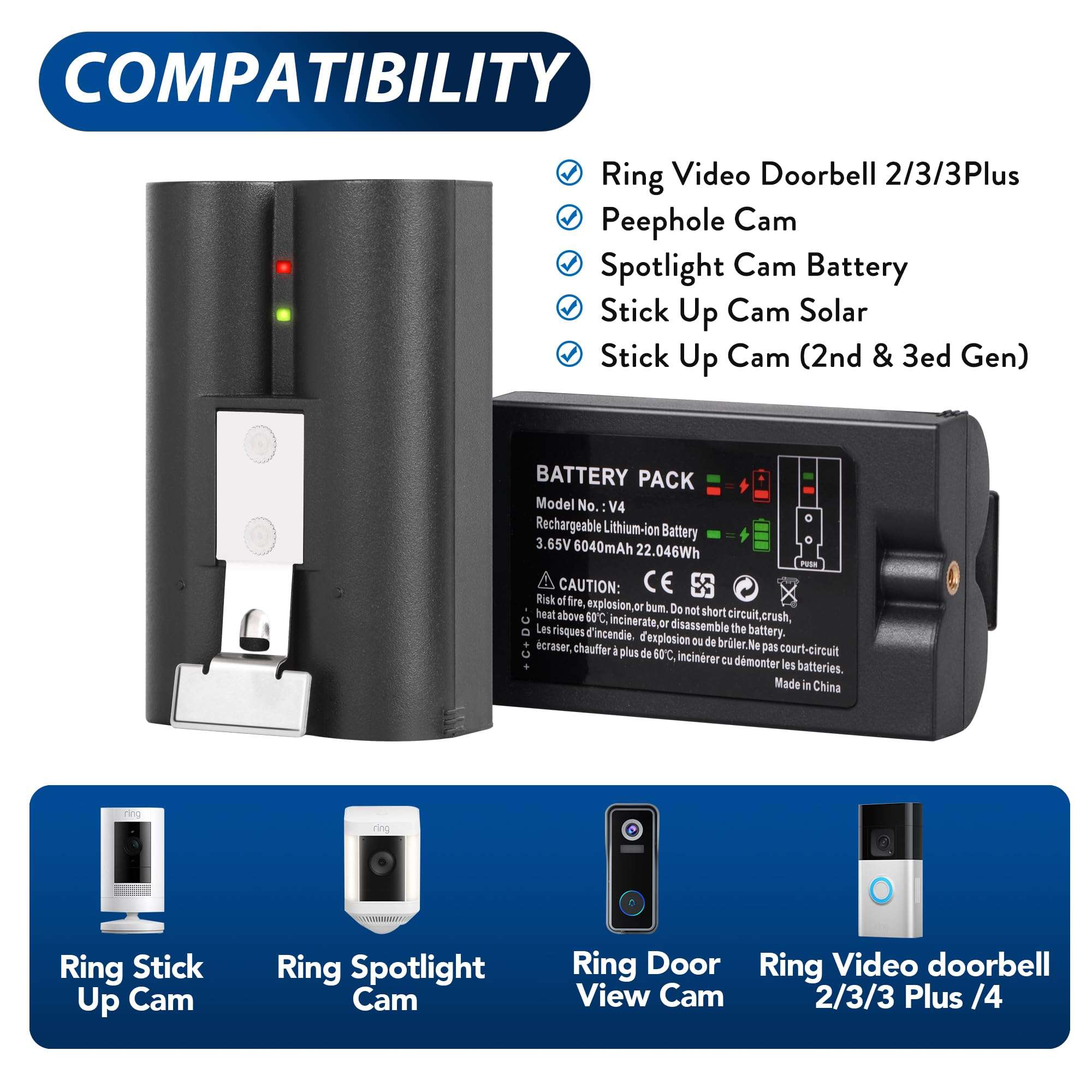 2PCS Replacement Ring Battery Pack V4 for Ring Doorbell - 6040mAh Rechargeable Camera Batteries with USB C Charger Station for Ring Video Doorbell 2/3/3 Plus/4, Spotlight & Stick Up Cam 6