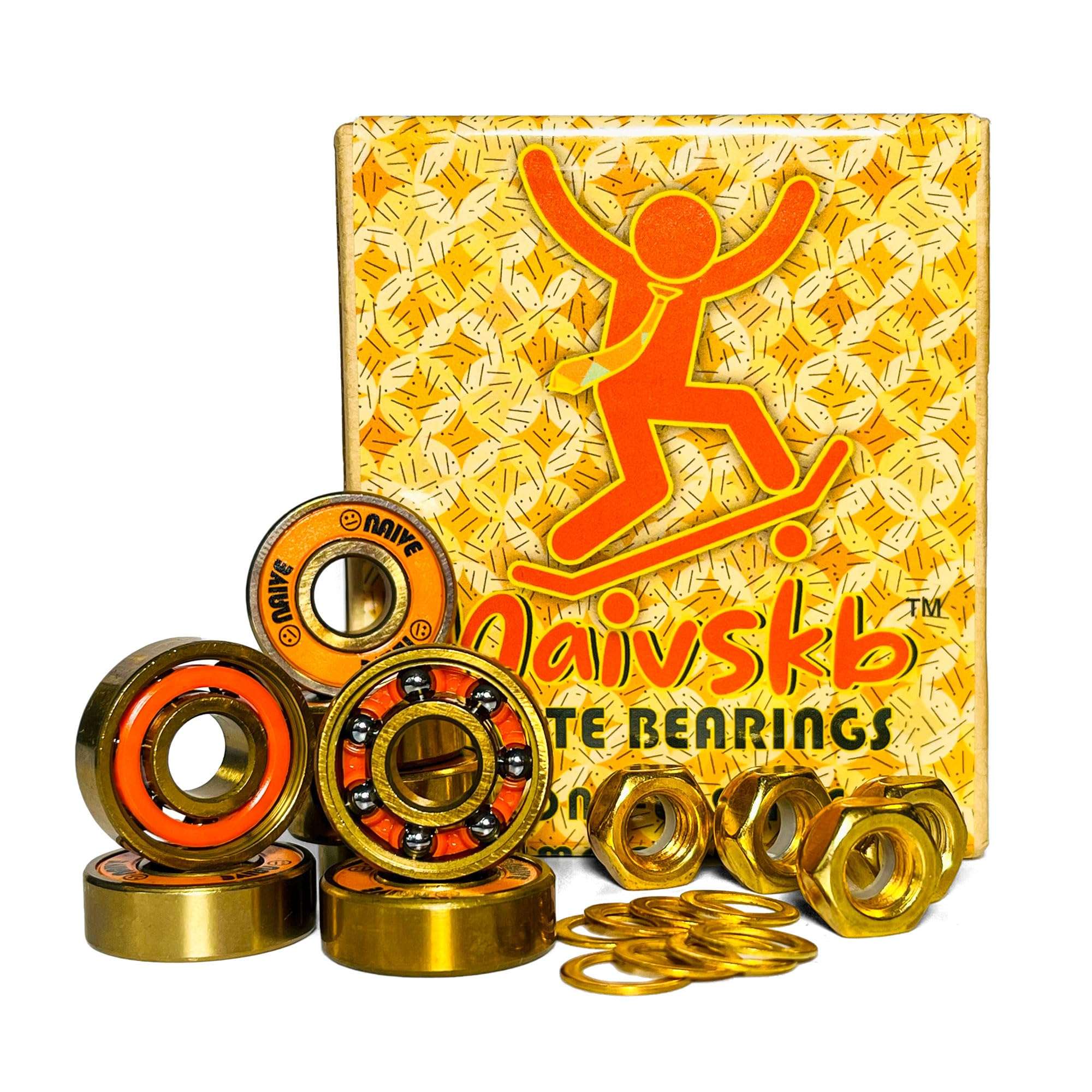 Naivskb Skate Bearings 8mm 8 Pack w/Nuts Washers Skateboard Longboard Roller Skates Surfskate(Golden Orange) 1