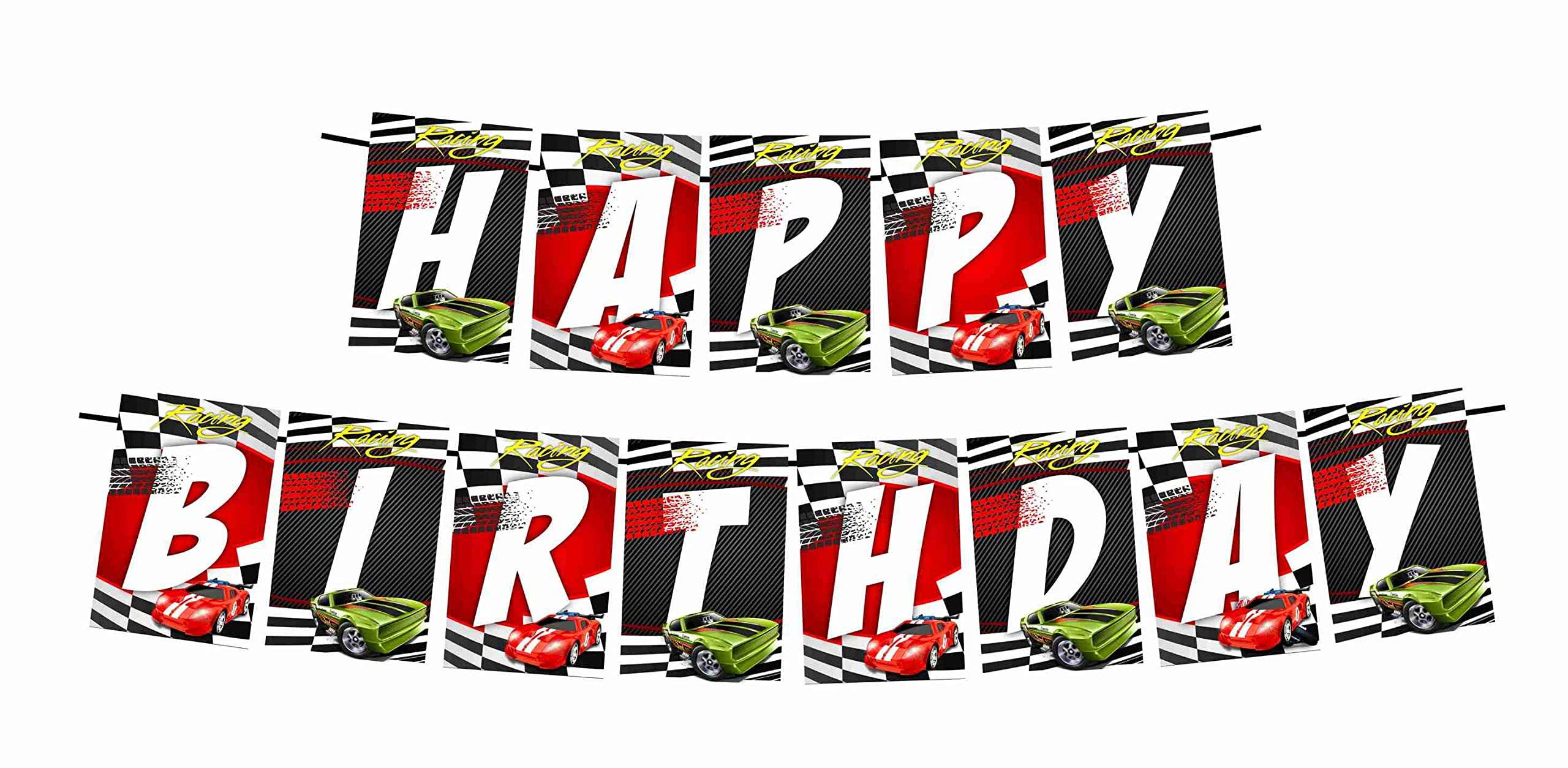 Partyzon Sports Car Theme Happy Birthday Kids Banner for Birthday Decoration Backdrop and Theme Party with Ribbon 3