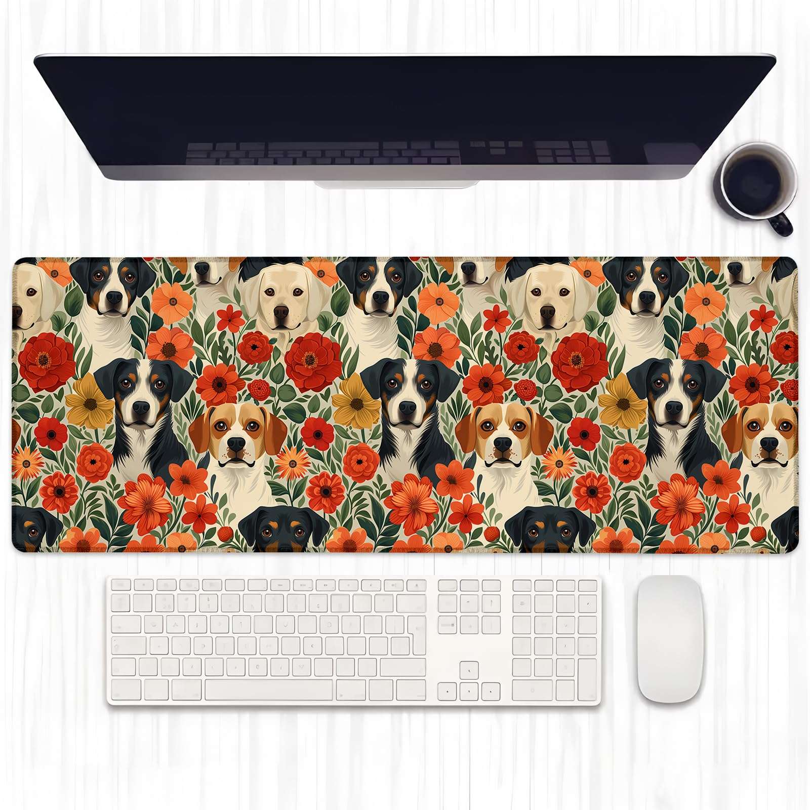 Ti Caldi Cute Dog with Floral Gaming Mouse Pad, Extended Lovely Puppy Face Desk Mat Computer Laptop Mousepad, Robust Stitched Edges, 31.5"×11.8" Large Office Keyboard Mouse Pads for Home Desktop Decor