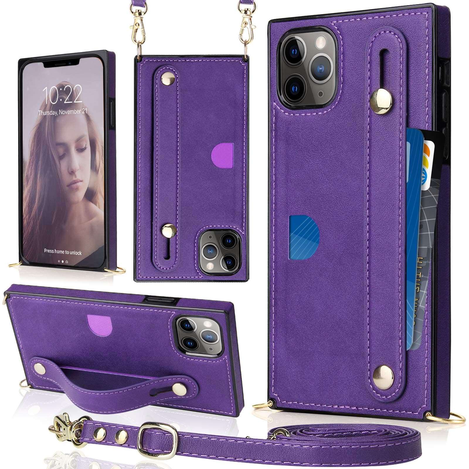 CASEOWL iPhone 11 Pro Max Case Wallet Crossbody Case with Hand Strap, Card Holder, Kickstand, Adjustable Removable Shoulder Strap Leather Protective Square Case Compatible for iPhone 11 Pro Max,Purple 1