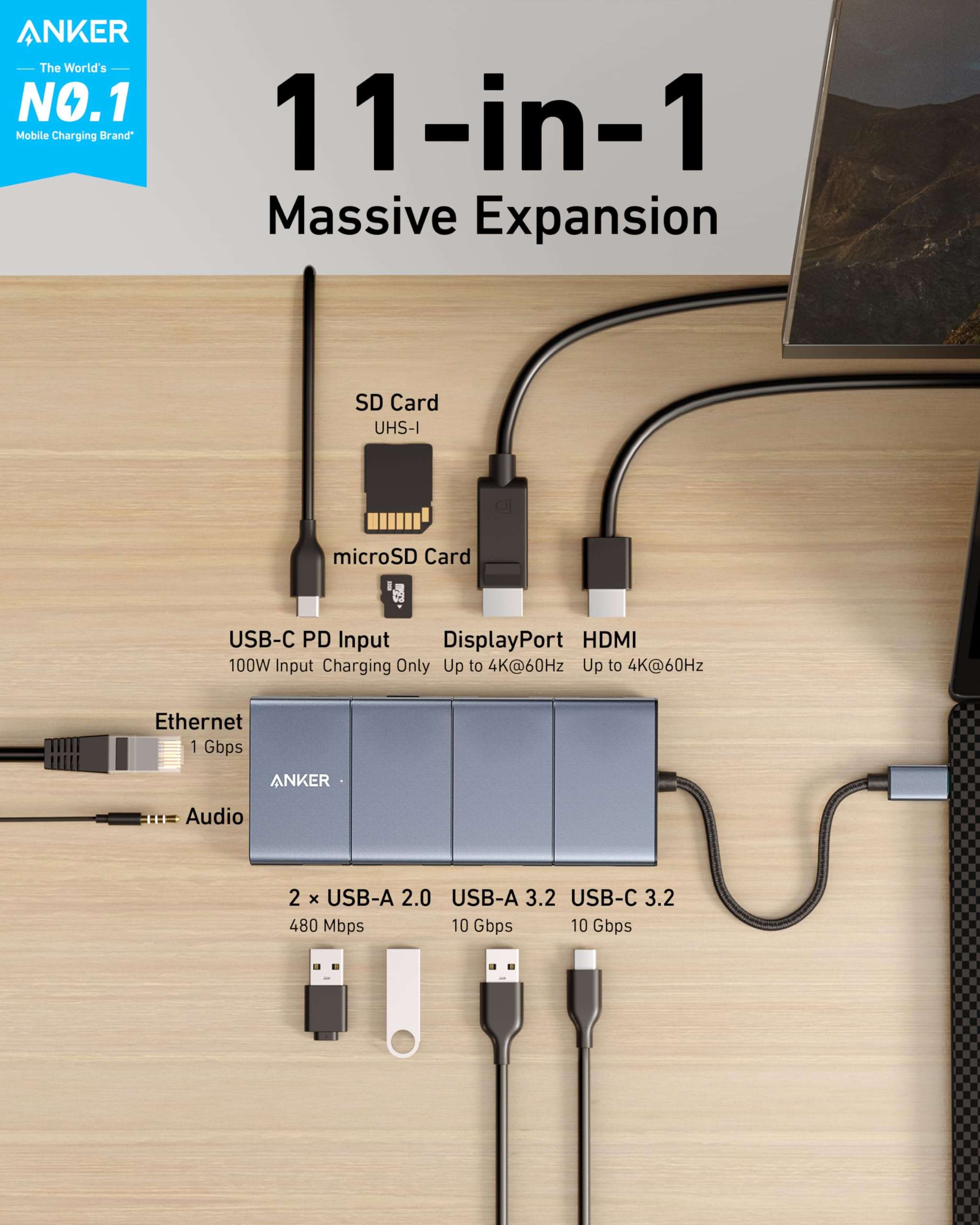 Anker USB C Hub, 11-in-1 Docking Station Dual Monitor, 10 Gbps USB-C and USB-A Data Ports, 4K HDMI and DisplayPort, 85W Power Delivery, 2 Data Ports, Ethernet, for XPS 2
