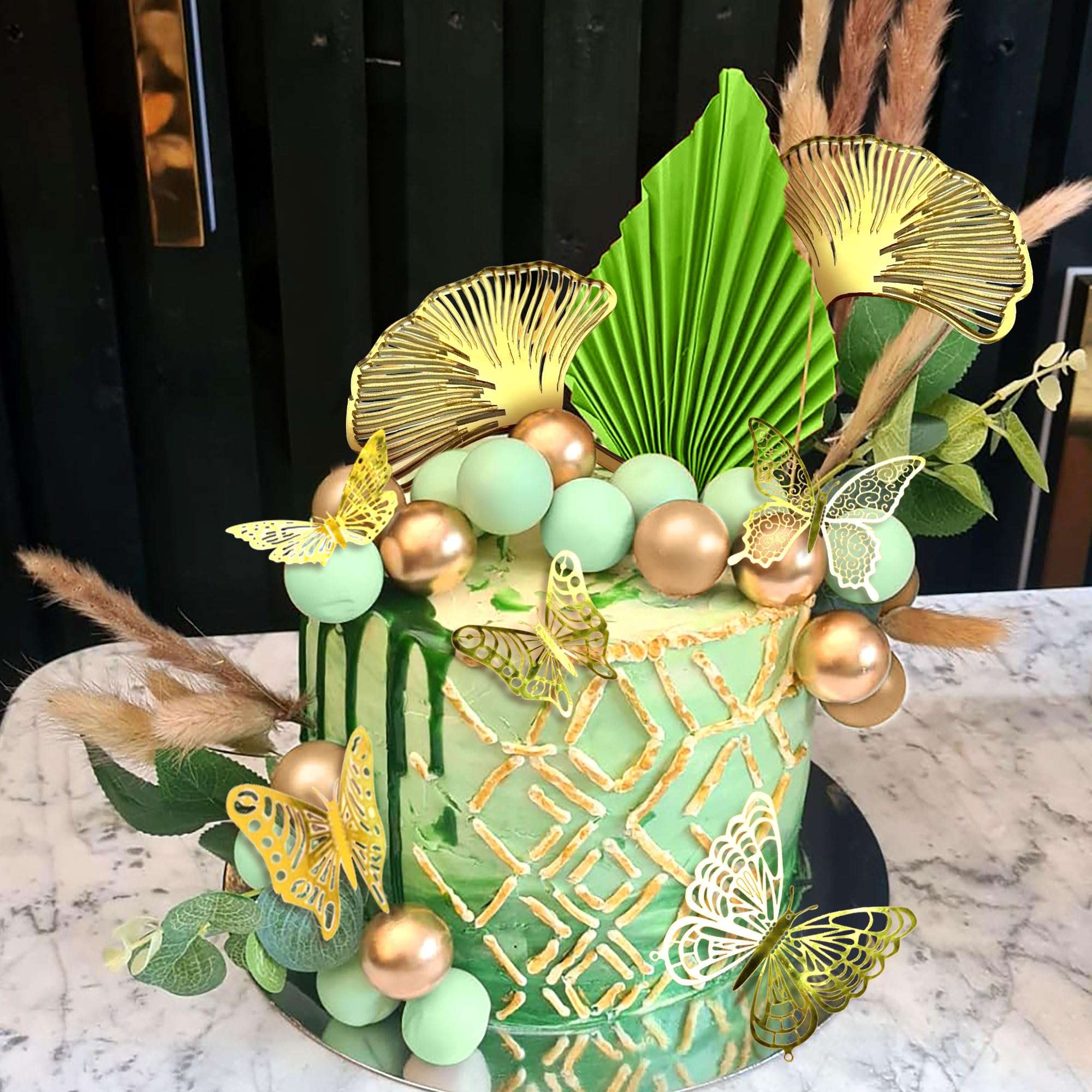 JeVenis Sage Green Rose Cake Decoration Balls Cake Decoration Gold Palm Leaves Cake Decoration Bohemian Cake Decoration Boho Cake Decoration White Gold Ball Cake Decoration Boho Party Supplies 5