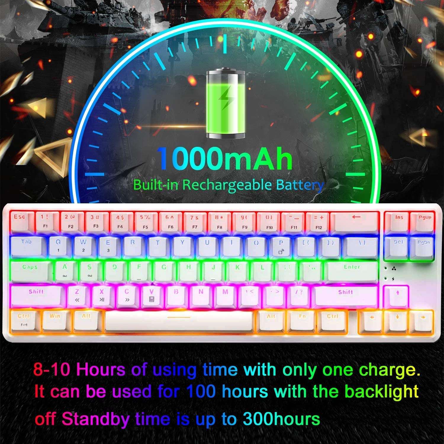 Wireless Mechanical Gaming Keyboard,60% Ultra-Compact Blue Backlit Rechargeable Bluetooth Dual Wired/Wireless Blue Switches Computer Keyboard for Multi-Device Phone Android Mobile(White Rainbow) 4