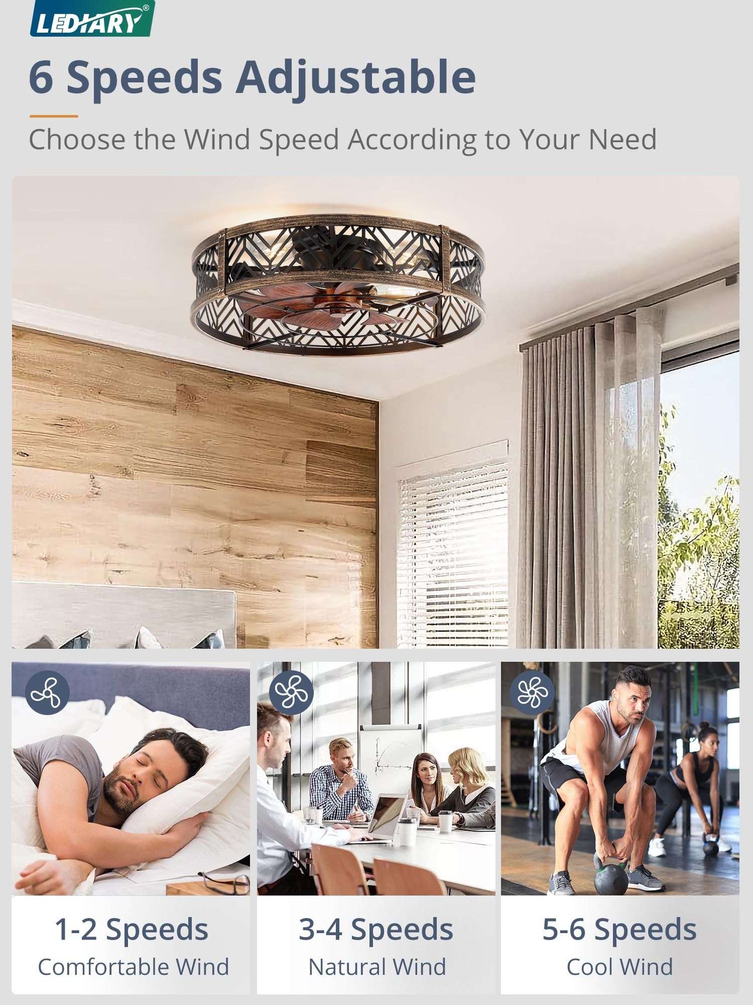 LEDIARY 23" Caged Ceiling Fan with Light, Large Flush Mount, App&Remote Control, Low Profile Bladeless Fan Light Fixture 6 Speed, Reversible and Quiet Motor-Black Gold 3