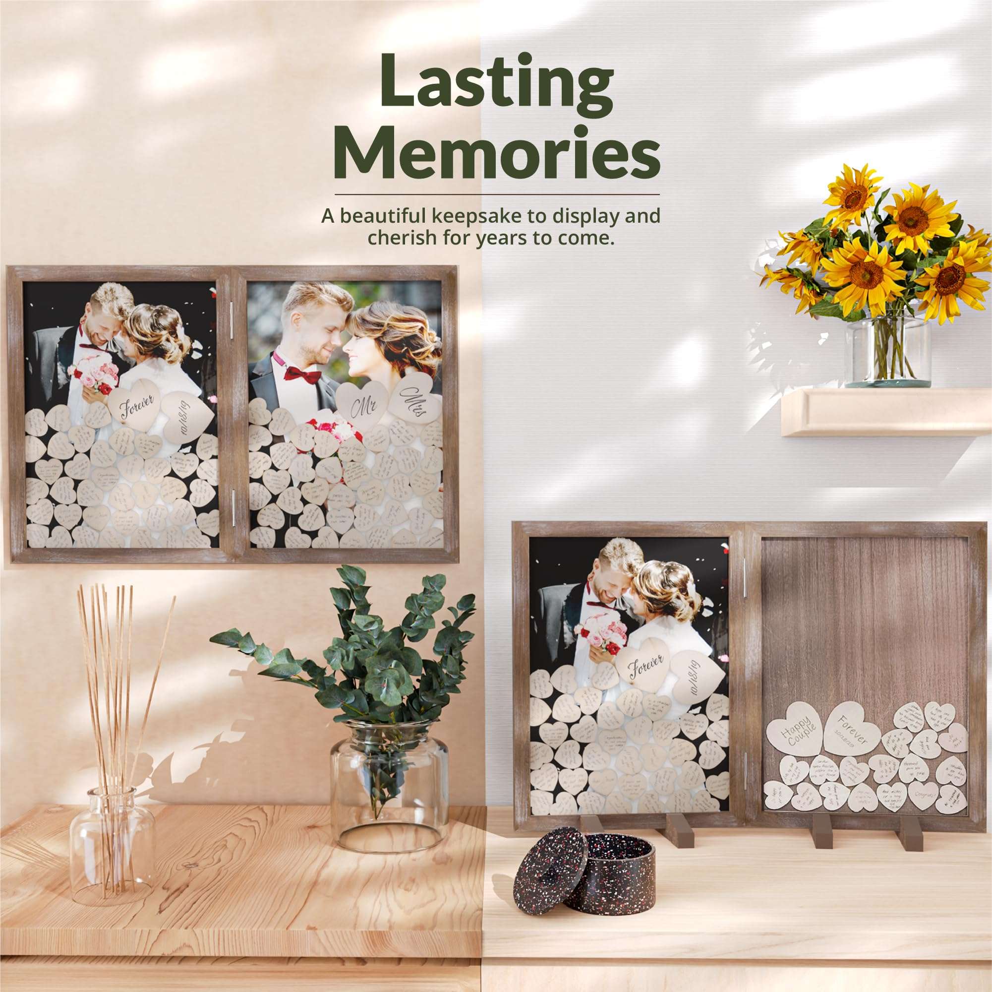 GLM Wedding Guest Book Alternative Drop Top Frame with Display Stand, 160 Wooden Hearts, 4 Large Hearts, and Sign Alternative Guest Book Set Shadow Box for Wedding, Baby Shower, Anniversary (Brown) 5