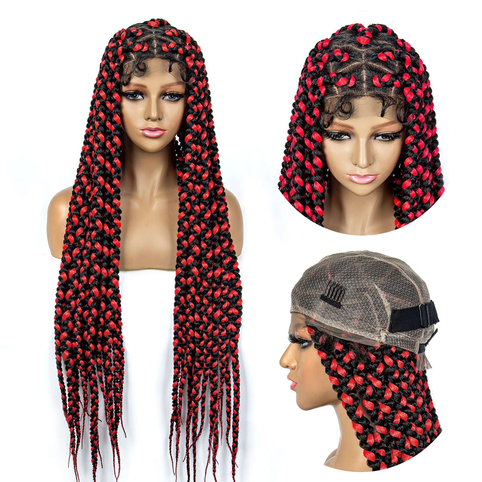 Braided Wigs for Black Women Full Double Lace Braided Wigs Knotless Box Braids Synthetic Lace Front Braided Wigs Cornrow Braids Wigs with Baby Hair Handmade Braided Wigs 32 inches (1B/RED Color) 1