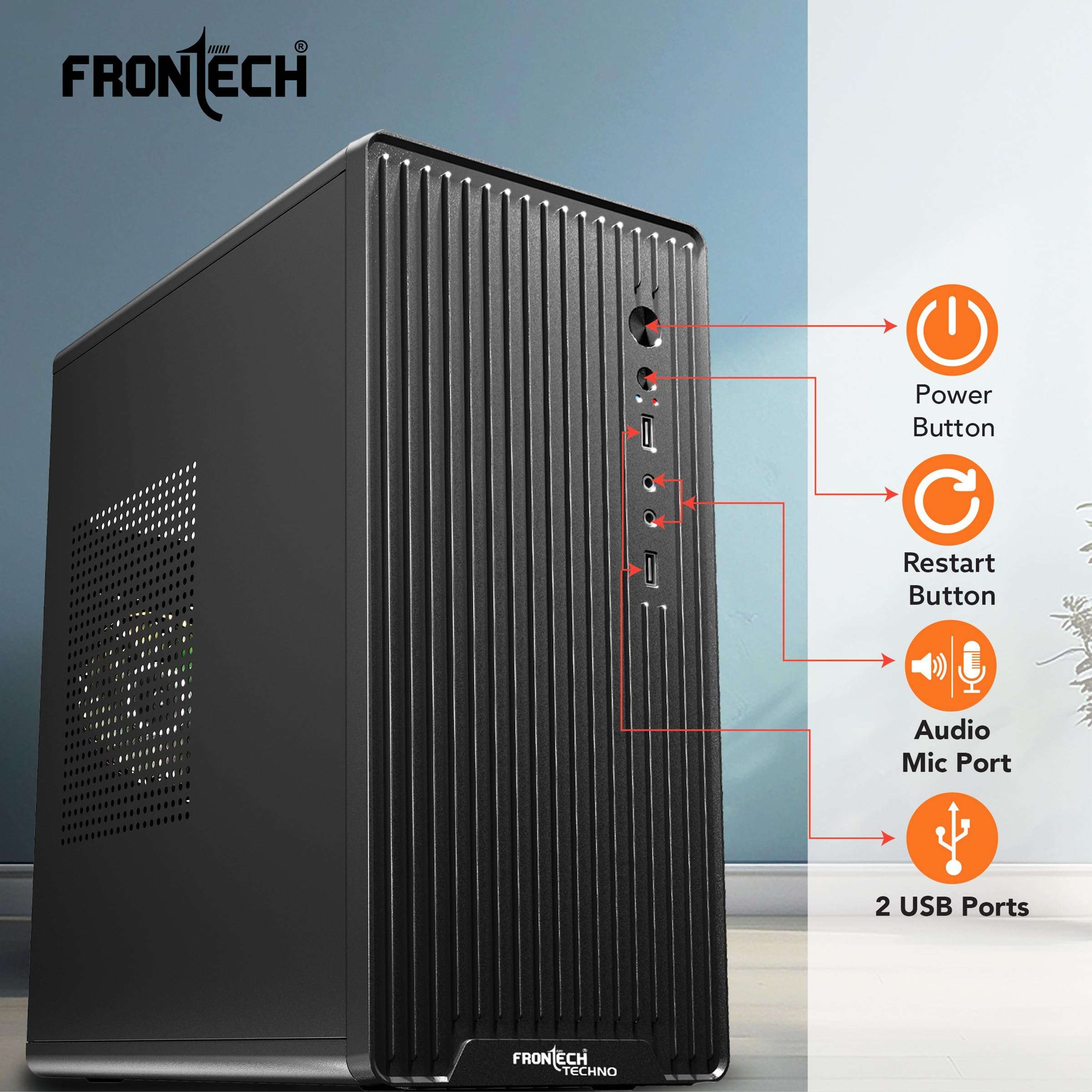 FRONTECH Techno Computer Case, Compact Silver Range PC Cabinet with USB & Audio Ports, SMPS Slot, Lightweight Design for Home & Office (FT-4375_ Black) 5