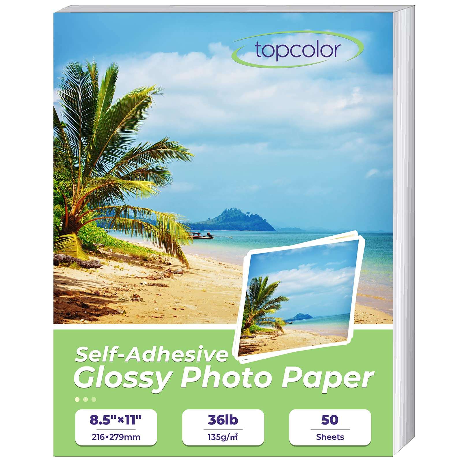 Topcolor Sticker Photo Paper 8.5 x 11 Inch Glossy Photo Quality Paper 50 Sheets Self-Adhesive Paper for Inkjet Printers Sticky Paper Printable White, 135 gsm, 50 Count Pack 1