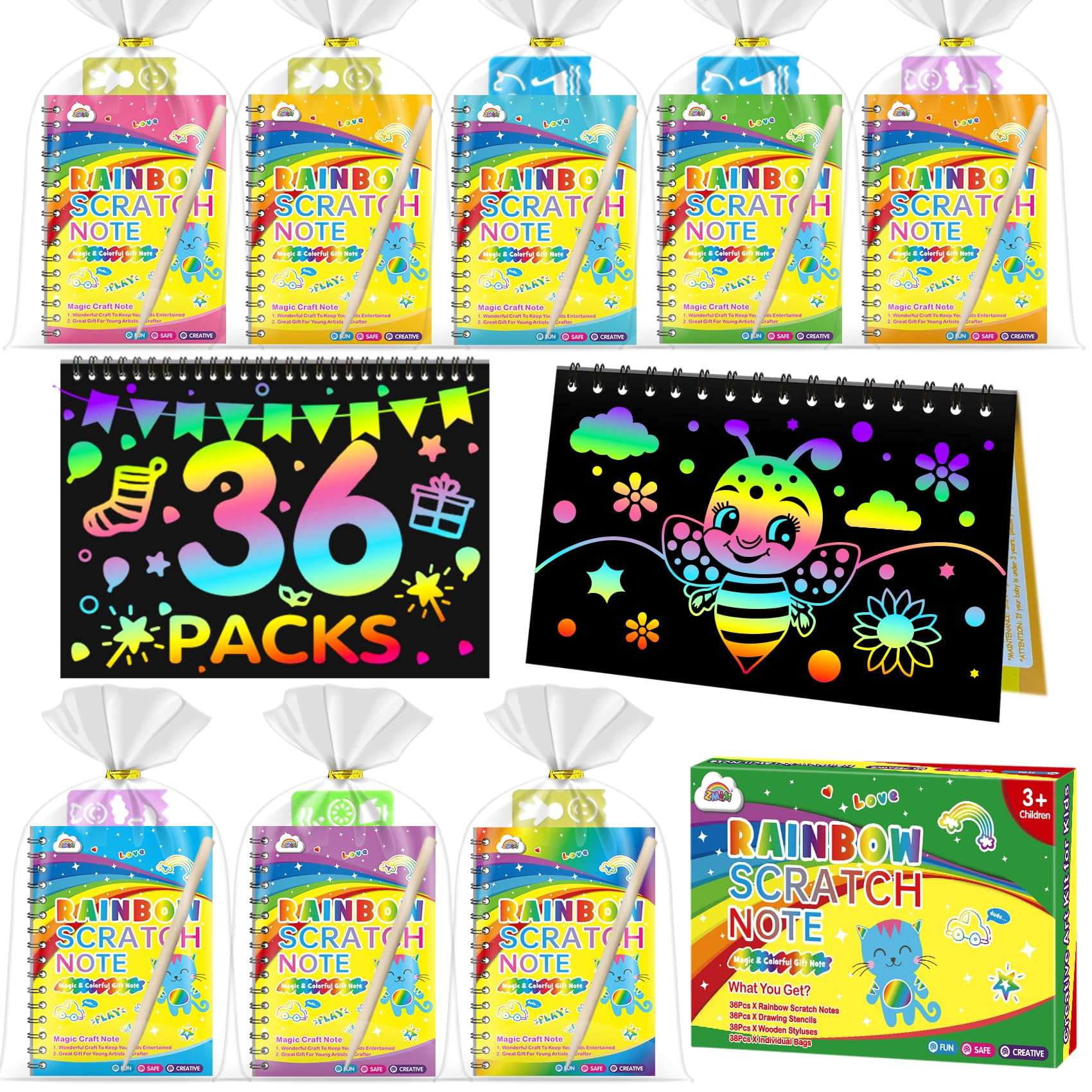 ZMLM Rainbow Scratch Party Favors Kids: Birthday Gifts Toy Bulk Scratch Art Notebook 36 Pack Scratch Paper Birthday Party Favor Girls Boys Art Craft Kit Scratch Pads Classroom Prizes 1