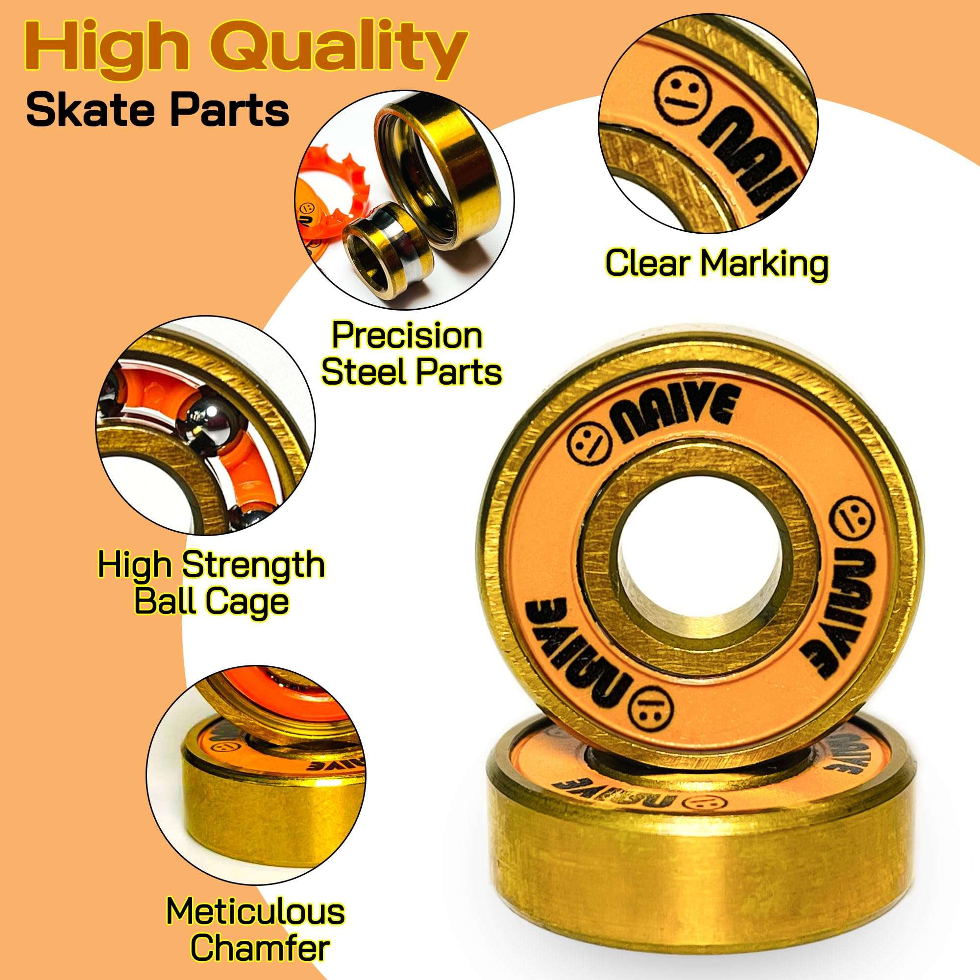 Naivskb Skate Bearings 8mm 8 Pack w/Nuts Washers Skateboard Longboard Roller Skates Surfskate(Golden Orange) 6