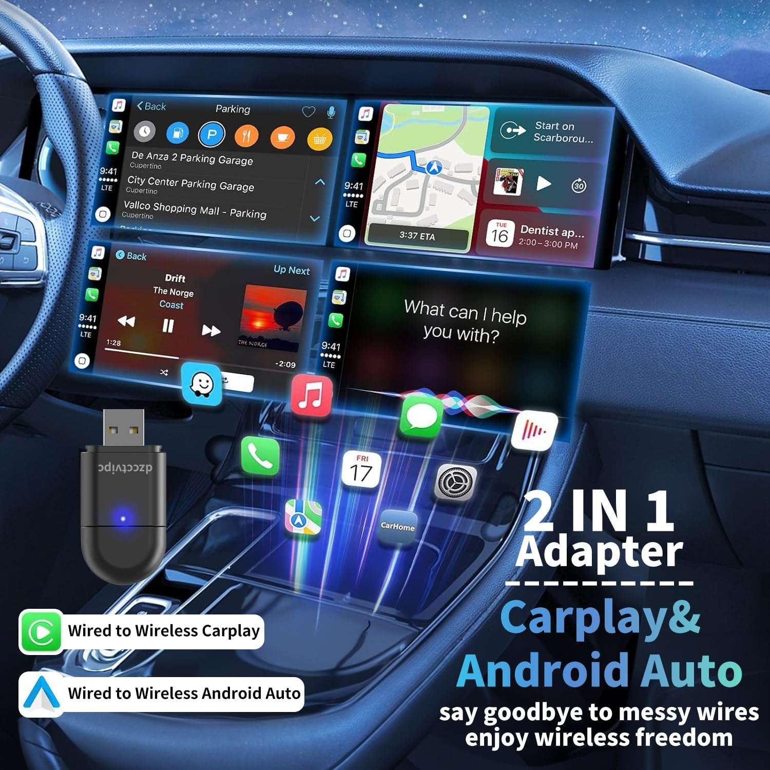 Upgrade-Wireless-Bluetooth-Adapter 2 in 1 for-Apple CarPlay & Android Auto, Plug and Play Low Latency Mini-Convert Wired to Wireless Dongle for Cars with USB Type-A or Type-C Interfaces (Solid Black) 3