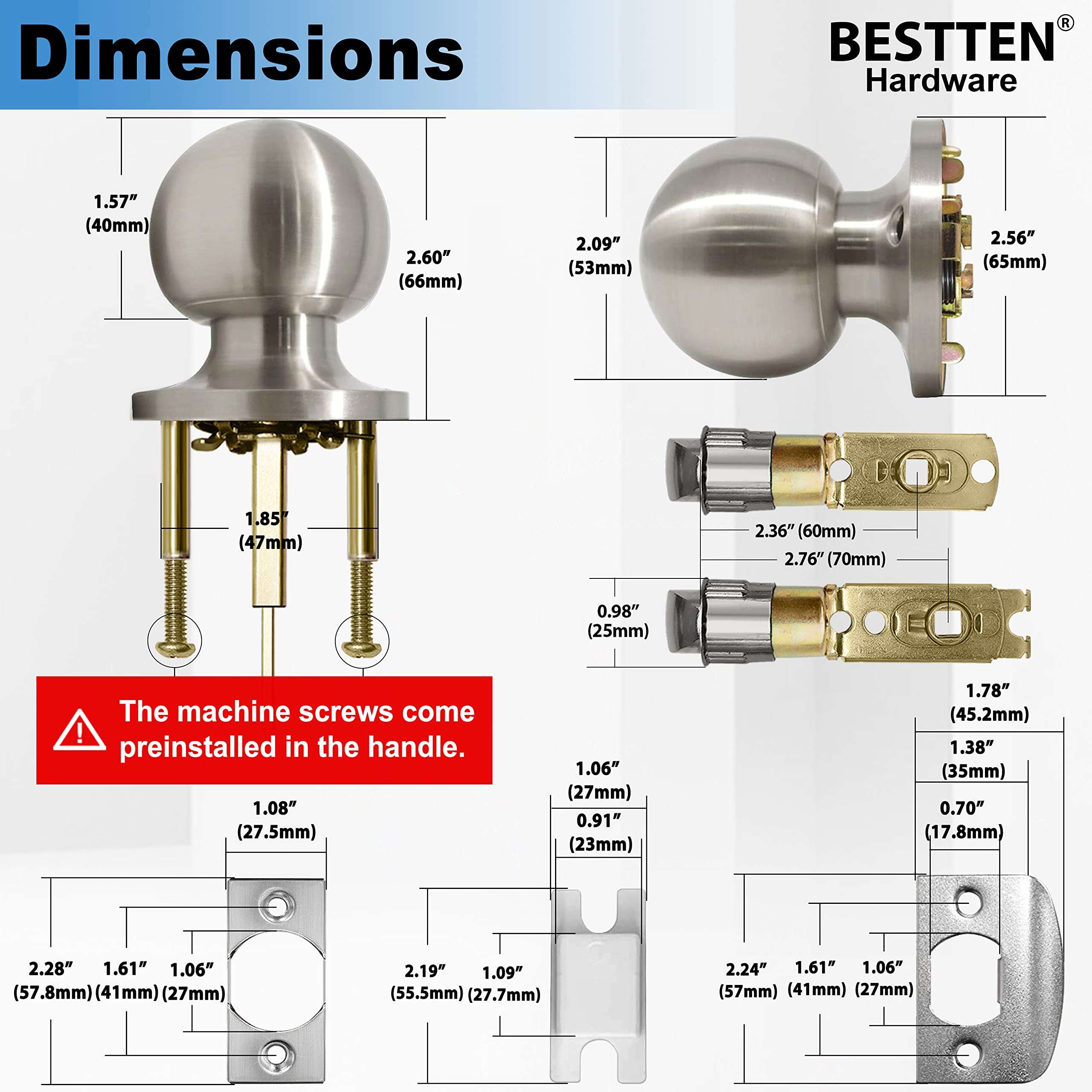 BESTTEN Passage Door Knob Set with Nonlocking, Removable Latch Plate, Interior Ball Door Knob for Hallway and Closet, All Metal, Satin Nickel Finish 3