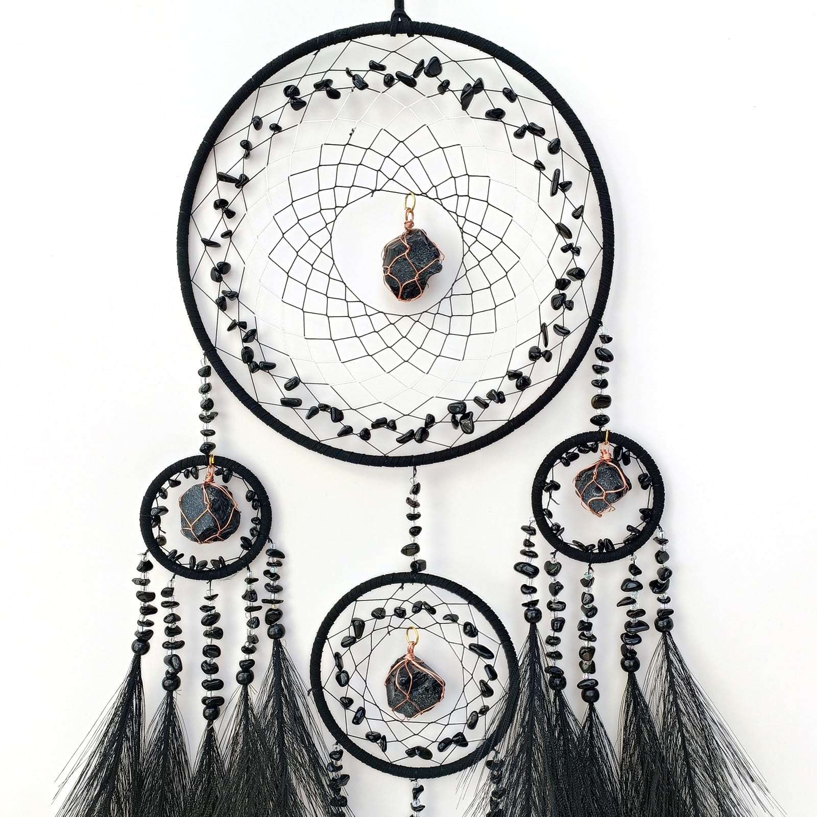 RAGKUU Black Large Dream Catcher Wall Decor Pampas Grass Dream Catchers with Stone Pendant Handmade Dreamcatcher Wall Hanging Ornament Art Craft for Bedroom Living Room Home Decor 4