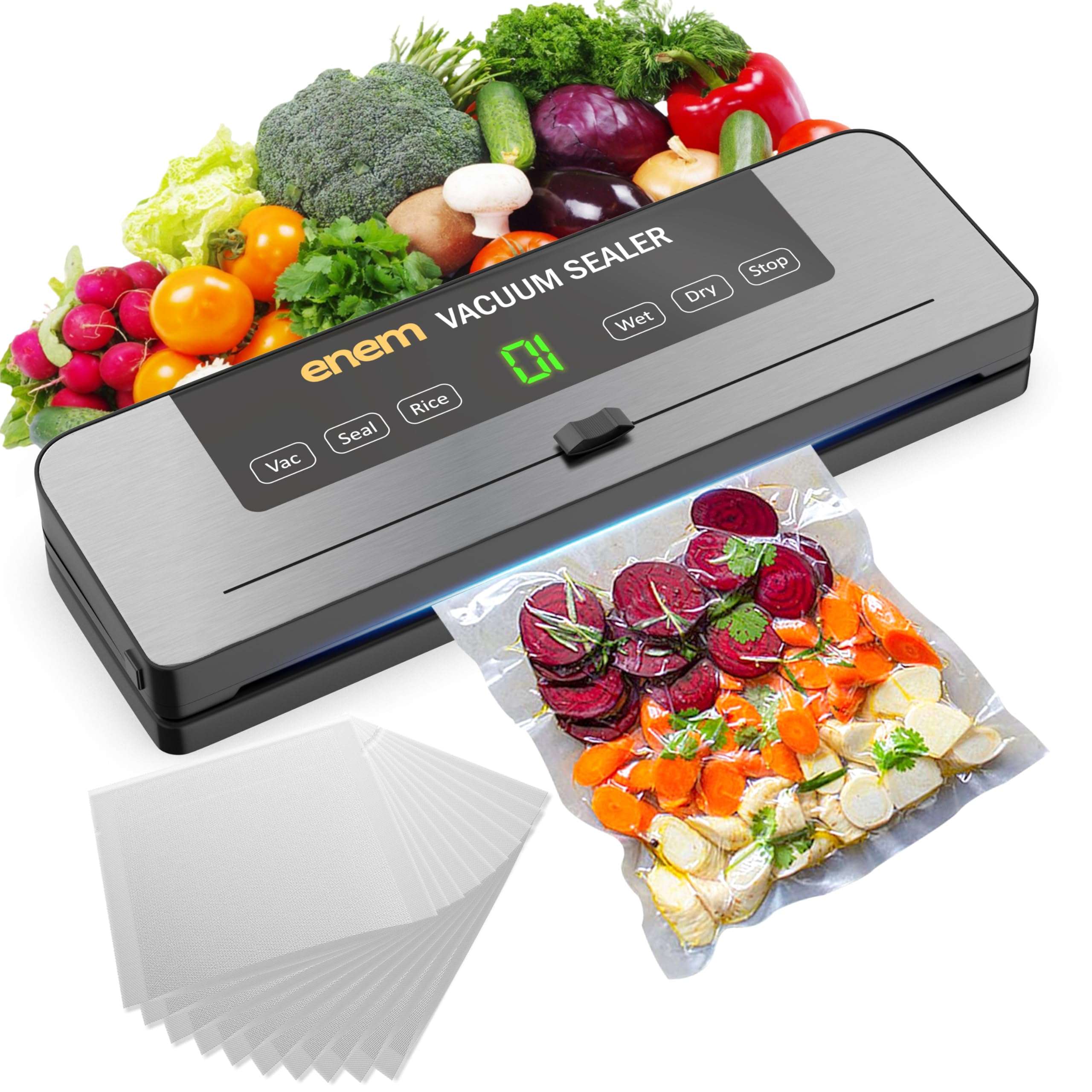 ENEM Vacuum Sealer Machine for Packing with Cutter, Sealing Machine for Food Packets, 60kpa Automatic Dry & Wet Air Packet Sealer Machine,1 Year Warranty from enem, With Free 10 Vacuum Pouches 1