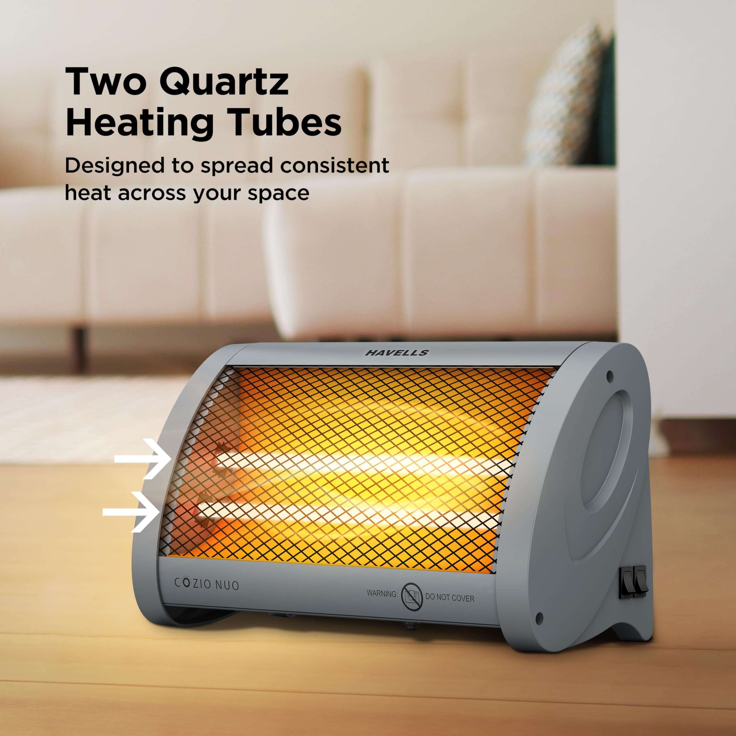 Havells Cozio Nuo Room Heater| Dual Heat Setting 400/800 Watt| Dual Quartz Heating Rods| Silent Operation| Tip Over Protection| Fire Retardant Material| Anti Rust Reflector| 2 Year Warranty(Grey) 4
