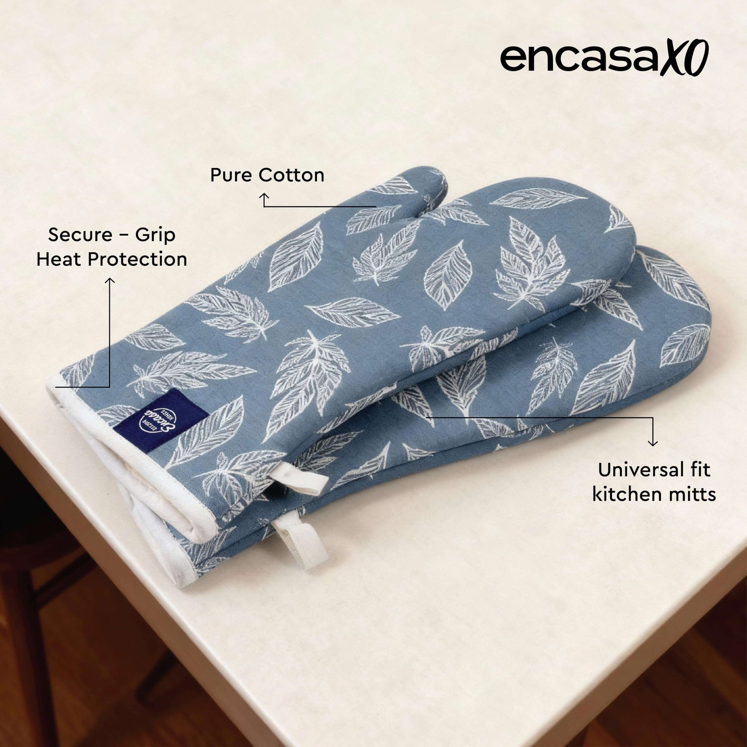 Encasa XO Extra Long 18x35 cm Microwave Oven Gloves Mitts (2 pcs) for Kitchen Cooking - Big Leaf Blue - Heat Resistant, Thick & Safe, Protection of Hands from Hot Utensils, Gas Flame, Grill, Barbecue 5