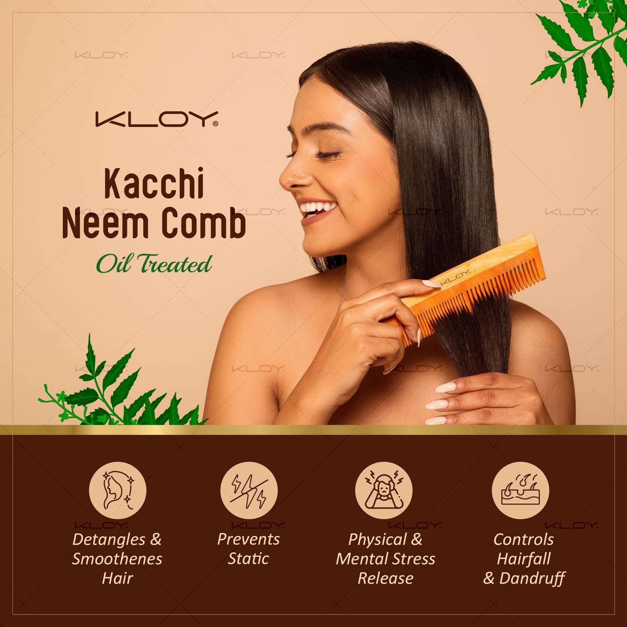 KLOY Oil Treated Kacchi Neem Comb, Treated with Neem Oil, Bhringraj & 15+ Herbs, Hair Growth, Anti Hairfall, Dandruff Control | Hair Straightening, Frizz Control Comb For Men, Women (Dual Tooth) 6