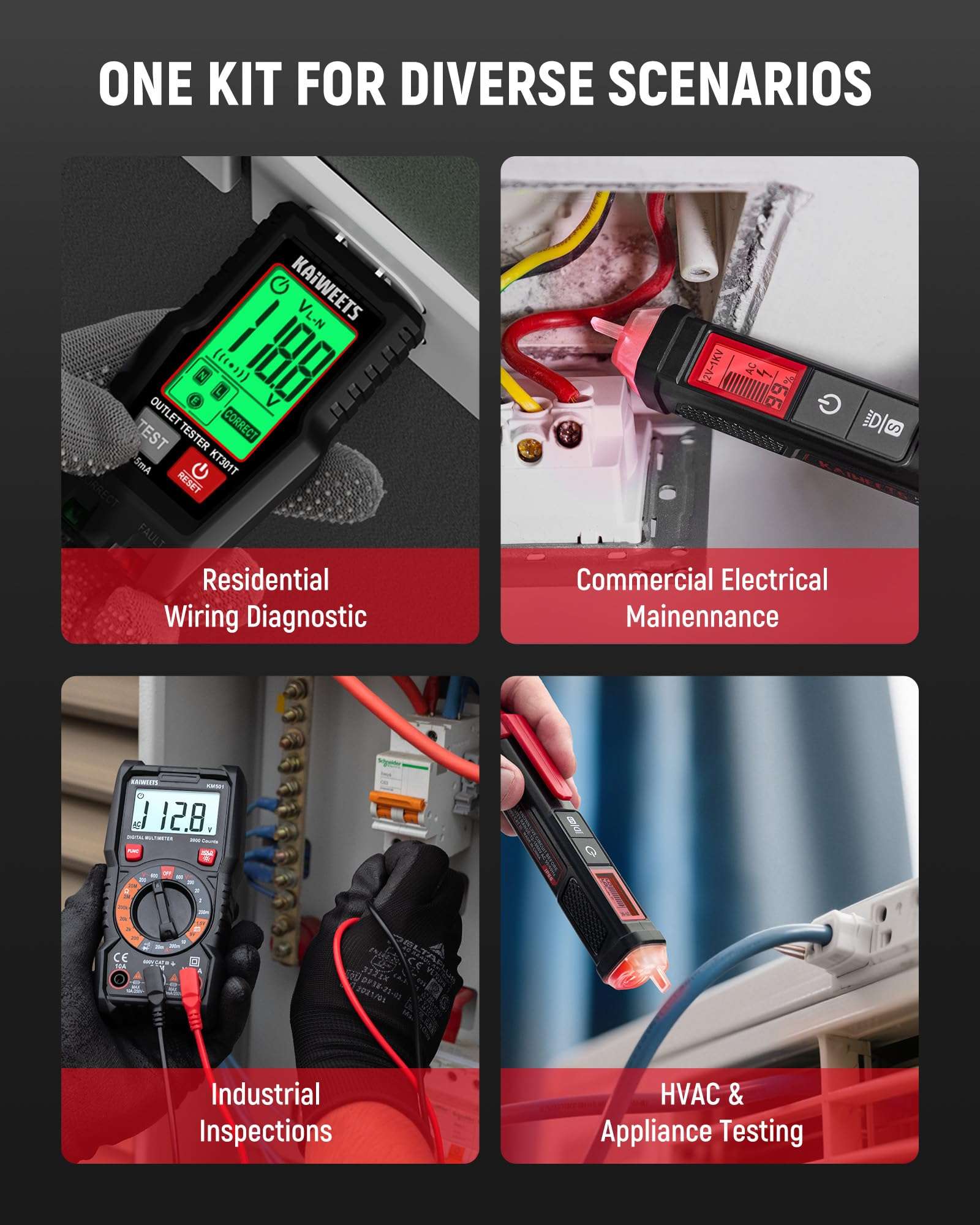 KAIWEETS Electrical Test Kit KIT01, Digital Multimeter, Smart Non-Contact Voltage Tester & GFCI Outlet Tester with LCD, Complete Set with Carrying Case & Batteries for Electrician, DIY & HVAC 3