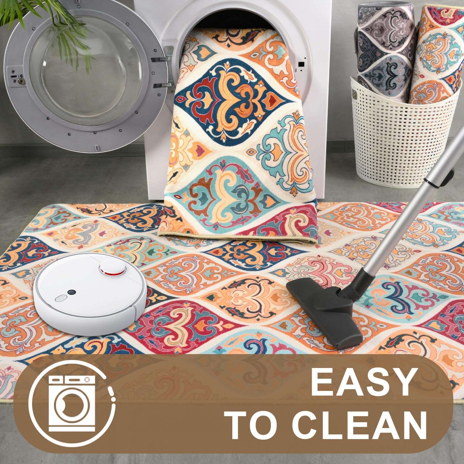 Ompaa 2'6''x8' Runner Rug for Hallway Kitchen, Long Washable Boho Rug Runner for Hallways Non Slip, Moroccan Trellis Vintage Carpet for Entryway Indoor Bedroom Bathroom Laundry, Grey/Multi 6