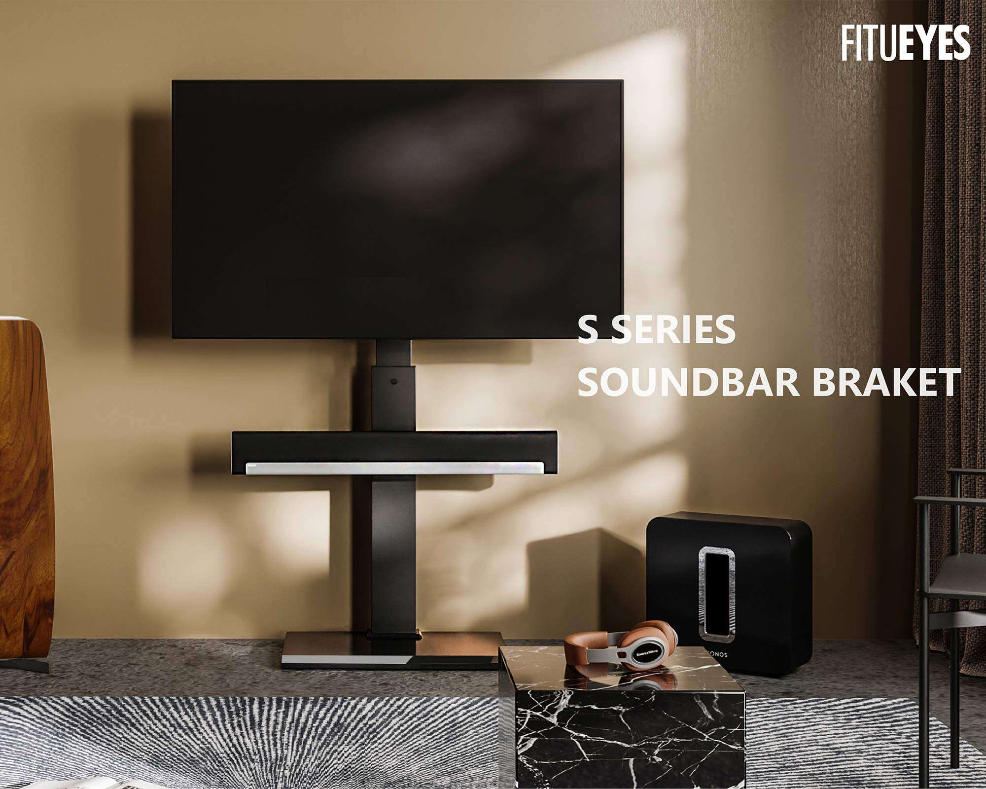 FITUEYES Sound Bar Mount with 2 Installation Design for SONOS Beam Most Sound Bars Up to 22 LBS Soundbar Mounting Bracket Specially for Floor TV Stand 2